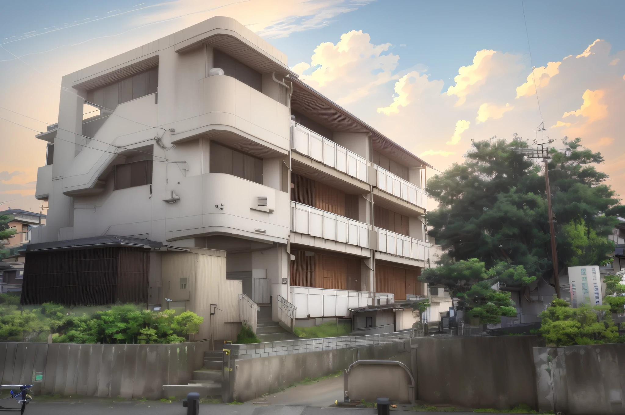 Noon,Illustration like anime background,Line art,Whole is dark,White building with balcony and bicycle parked in front of it,Japan high school, residential area,Full building,Japan apartment, early 2020s shooting, center image, exterior, full device, facing the building, Yoshihisa, front, single building, white building, concrete house, Iwakura, my house