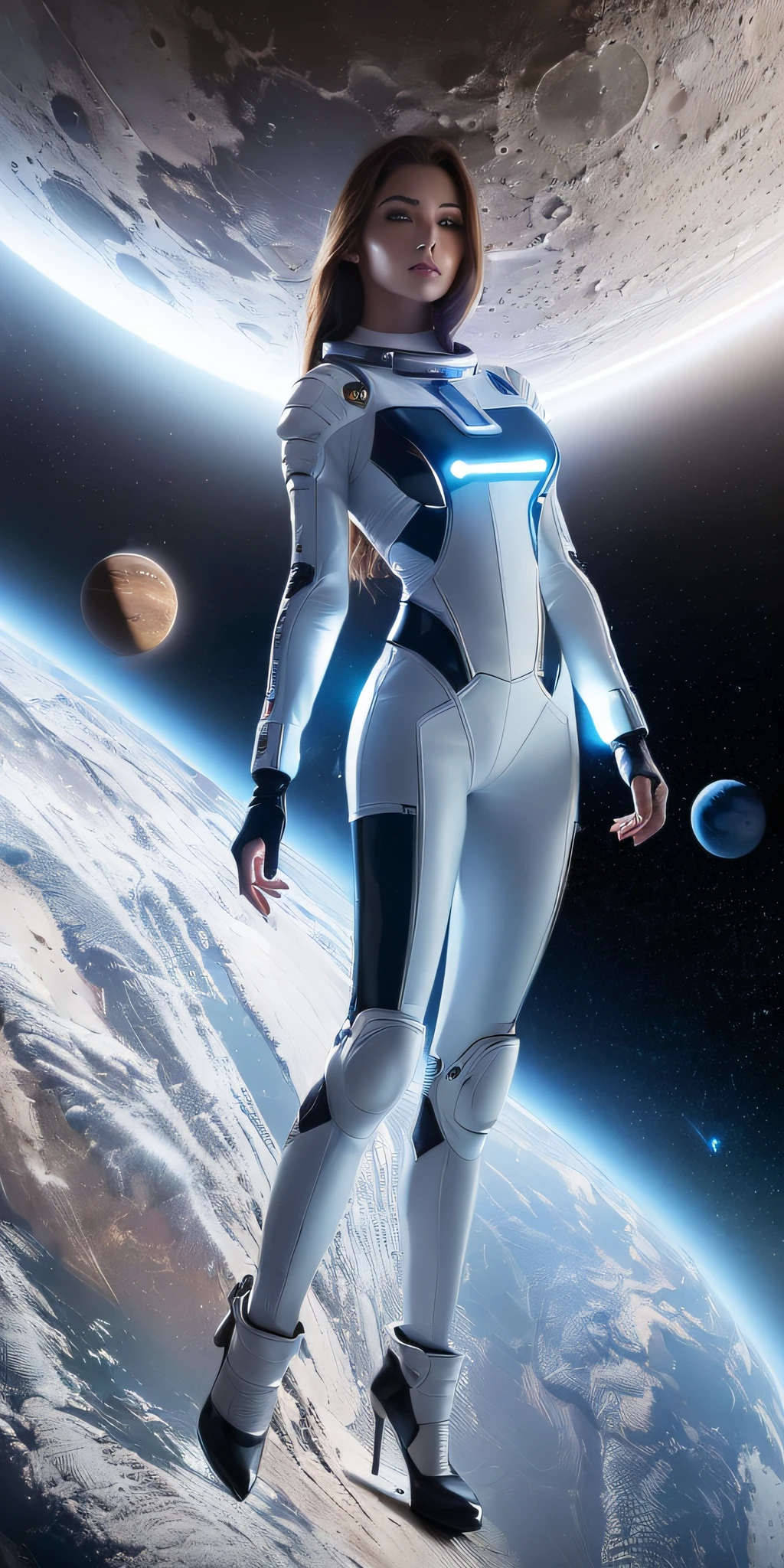 (((a close-up full body of a woman in a futuristic costume with a planet in the background, very sexy and daring astronaut clothes))), portrait beautiful sci - fi girl, scifi woman, beautiful woman in spacesuit, girl in space, sci fi female character, pose sexy, pose model
