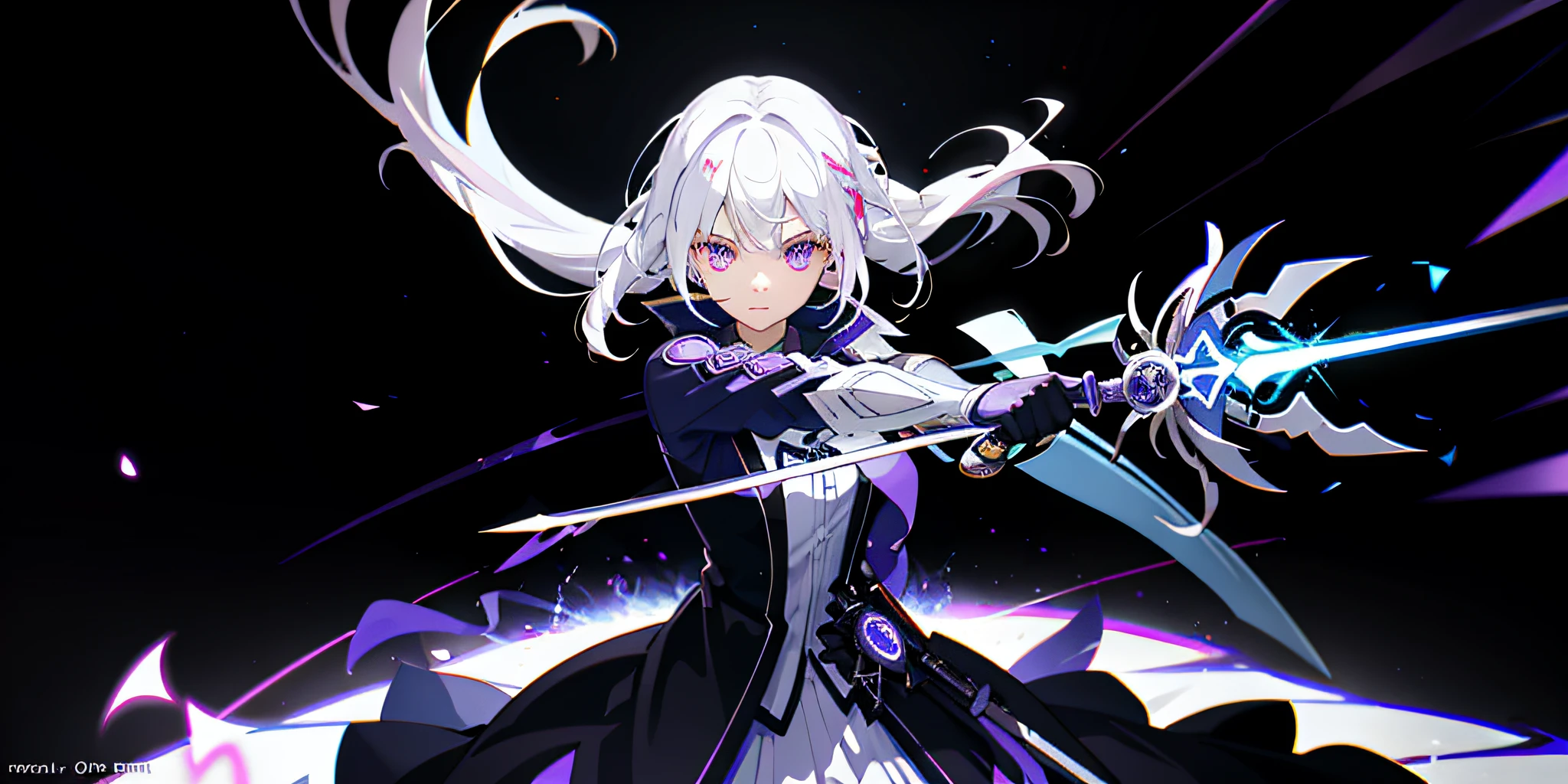 colorful, 1girl, white hair, purple eyes, dual wielding, sword, holding sword, blue flames, glow, glowing weapon, light particles, wallpaper, chromatic aberration,