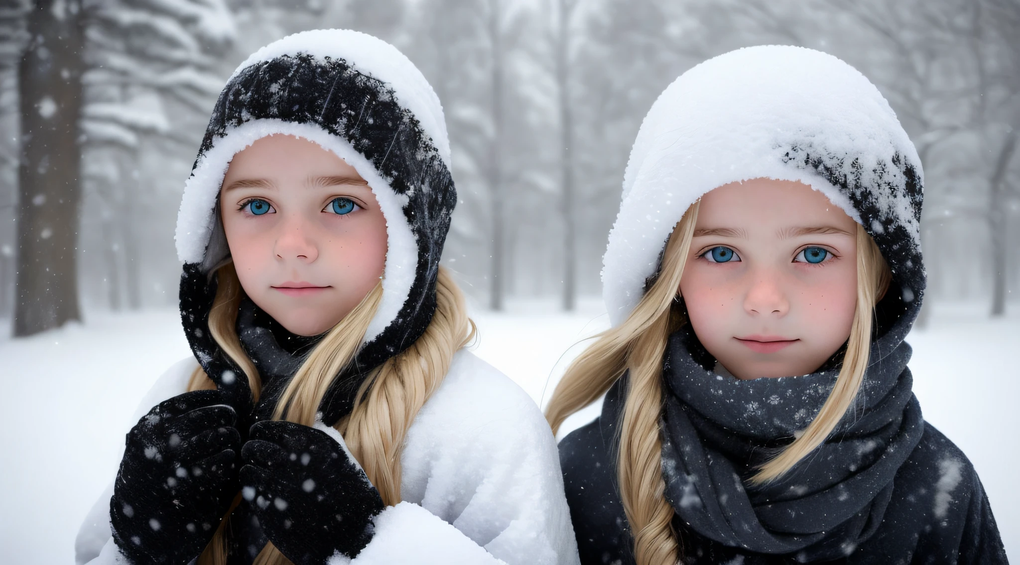 Image of a 14 YEAR OLD CHILD GIRL, WITH LONG BLONDE HAIR, hidden in the snow, frozen cold look, extreme cold, in the middle of a snowstorm, cold snow outside, icy eyes, cold as ice! 🧊 , cold weather, cold snow, white eyes, covered snow, cold environment, snow weather, cold winter, snowstorm, outside in snowsnowing, blizzard