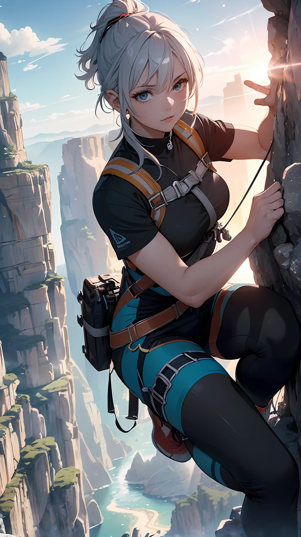 (extremely detailed CG unity 8k wallpaper,masterpiece, best quality, ultra-detailed),(best illumination, best shadow, an extremely delicate and beautiful),strongly toned,rocks,lensflare,(1female),passionate expression,fascinating hair,rock-climbing clothing,rope,harness,climbing shoes,Garmin watch.