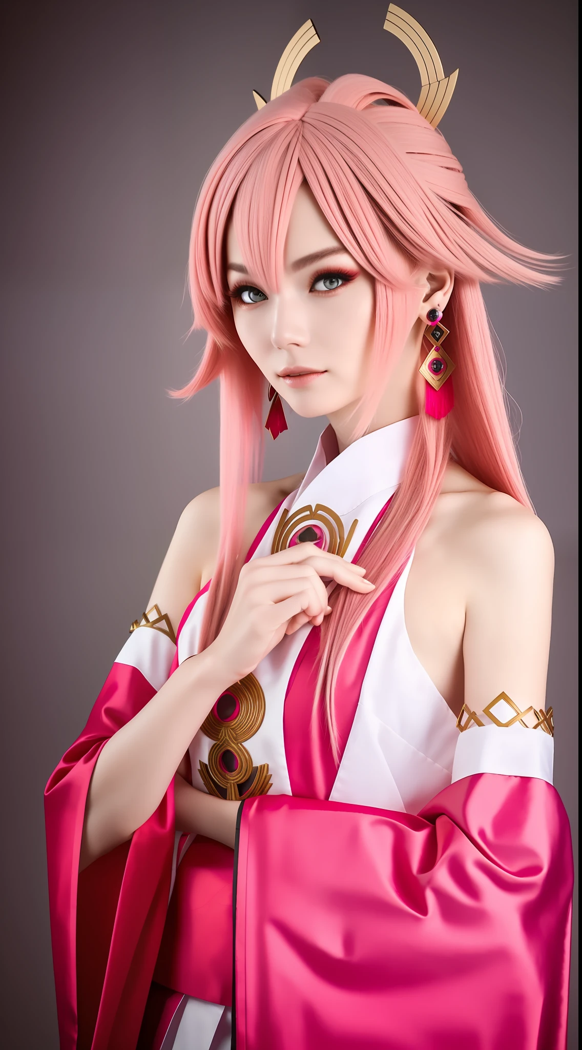 (photo:1.1), 8k uhd, HDR, pink eyes, a European woman, yae miko, genshin impact, cosplay, pink hair, earrings, long hair, model look