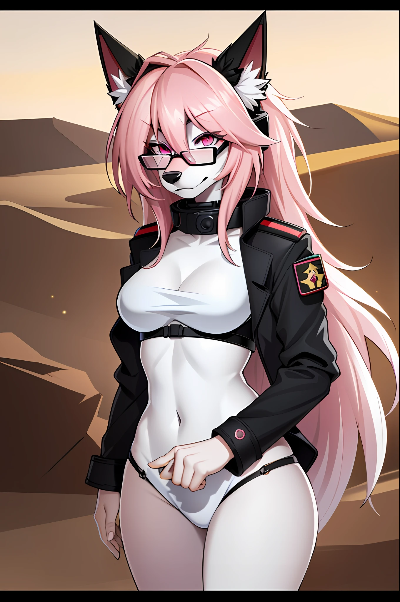 (masterpiece, best quality)), (anthro furry:1.3, muzzle:1.2, anthro:1.3, furry:1.2, closeup:1.2, female solo:1.2, (wearing Russian military coat) military pants, wearing glasses, fox spiraled in the colors of funtime foxy,five nights at freddy,white skin pink details, pink eyes, sexy position, desert ambient place,tank blimdado behind