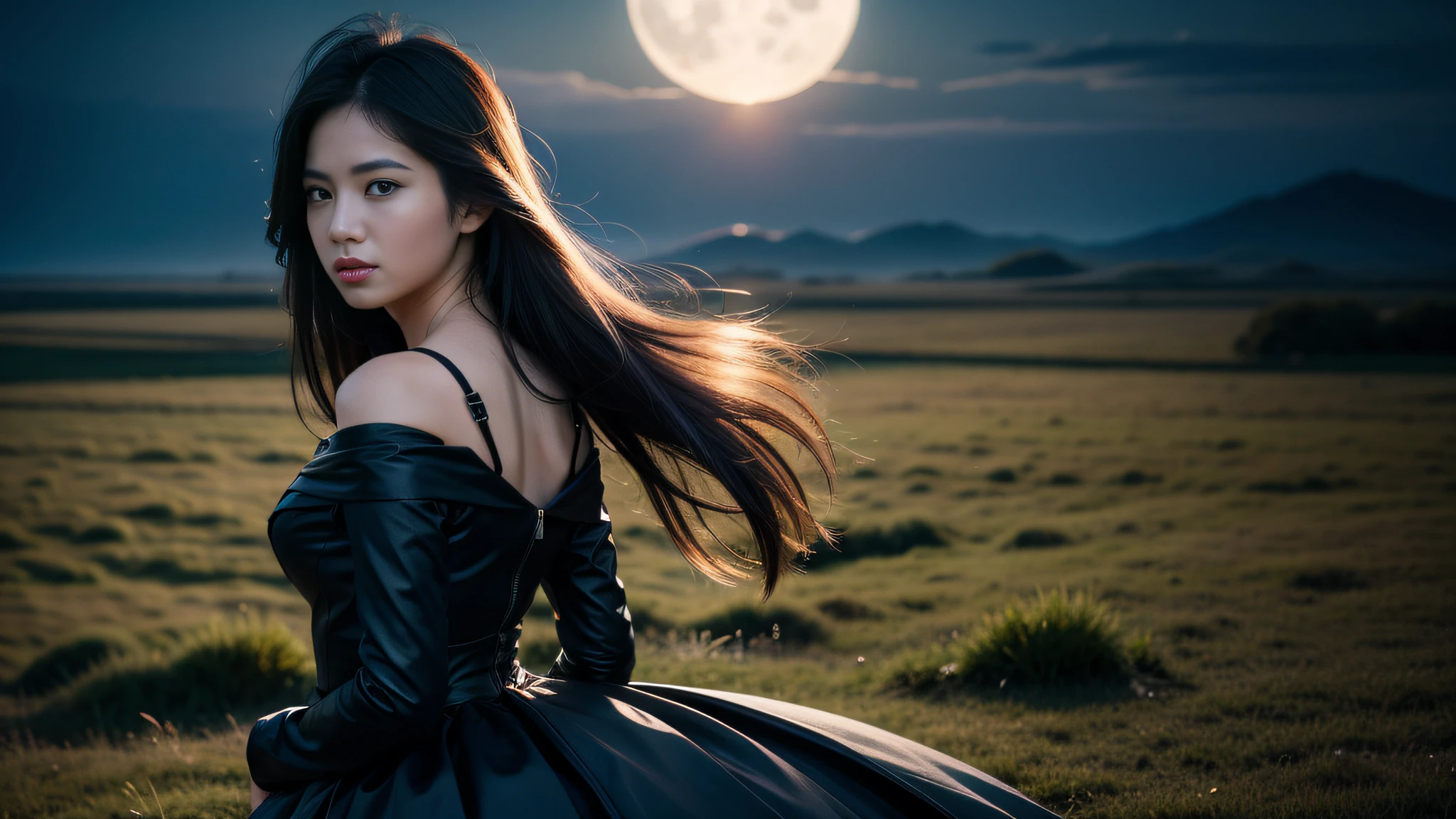Photo, (Photorealistic: 1.4), (Hyperrealistic: 1.4), (Cinematic: 1.5), Woman in her twenties, long black hair, (Beautiful and delicate face), High quality eyes, Dark blue dress, Looking back, (Midnight), Moonlight, (Dark blue tone: 1.5), even darker, silhouette, backlit, meadow, dense fog, Canon EF 24mm, f:1.8,