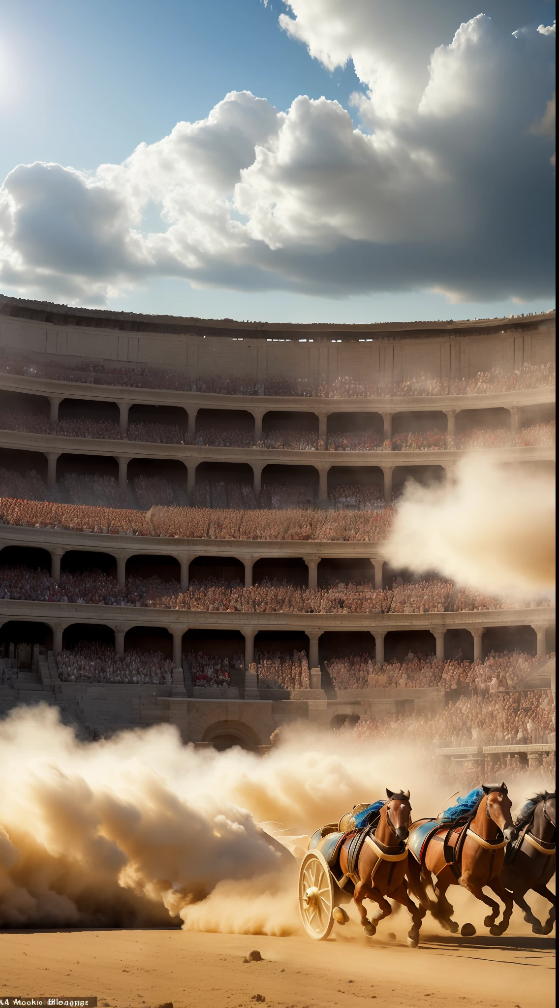 (masterpiece, best quality, CGI, official art:1.2), action-packed Roman chariot race, driver straining, (horses in full stride:1.3), ancient roman arena, chariot wheels spinning, (clouds of dust billowing:1.3), ecstatic crowd, togas waving, cheering, mid-afternoon light casting long shadows, high-energy atmosphere, dynamic perspective.