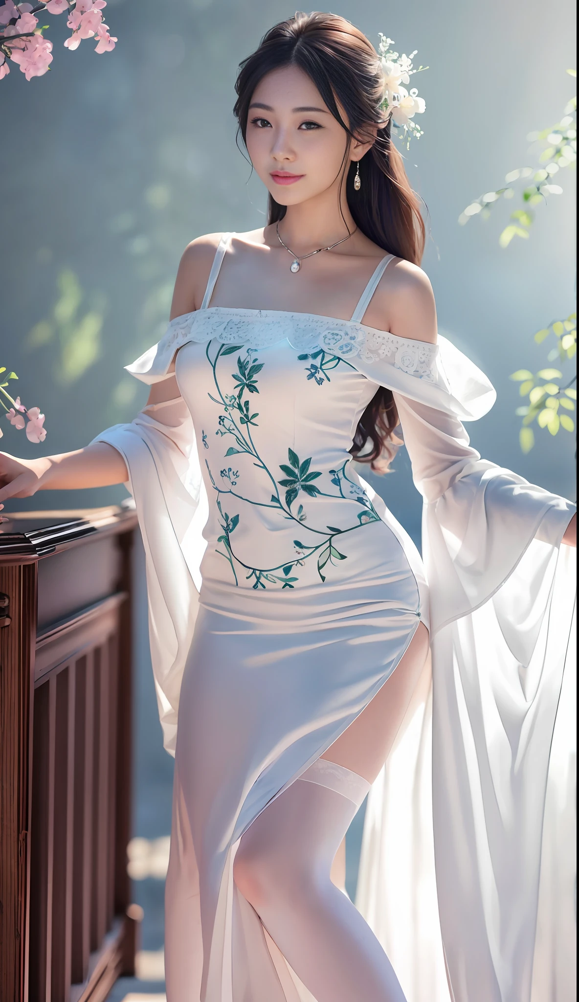 Smiling minchen, mouth closed, balanced eyes, (Best Quality Detail: 1.2), Realistic, 8K HD, Ultra-detailed, High Quality Texture, Intricate Detail, Detailed Texture, Fine Detail, High Detail, Very Detailed CG, Delicate Beautiful Delicate Face, (Delicate Beautiful Delicate Eyes: 1.32), Very Bright Lighting, Ray Tracing, (A Beautiful 25-Year-Old Cute Japanese Lady: 1), Proud, Tall Feminine, Beautiful Legs, Glowing Eyes, Blush, Very White Skin, Perfect Body Petite, Silver Tight Bra, [Brown Skirt]: 1, Stockings and suspenders: 1.2, long hair, short pink skirt, comfortable living room, sun, hands open, earrings, necklace, model, looking at the audience, standing pose, from the side, dynamic pose, front