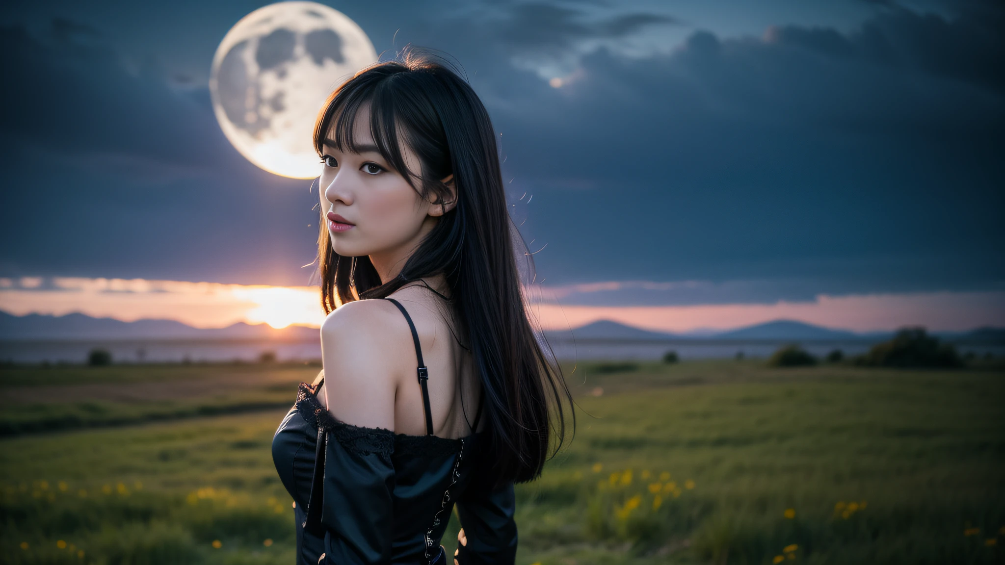 Photo, (Photorealistic: 1.4), (Hyperrealistic: 1.4), (Cinematic: 1.5), Woman in her twenties, long black hair, (Beautiful and delicate face), High quality eyes, Dark blue dress, Looking back, (Midnight), Moonlight, (Dark blue tone: 1.5), even darker, silhouette, backlit, meadow, dense fog, Canon EF 24mm, f:1.8,