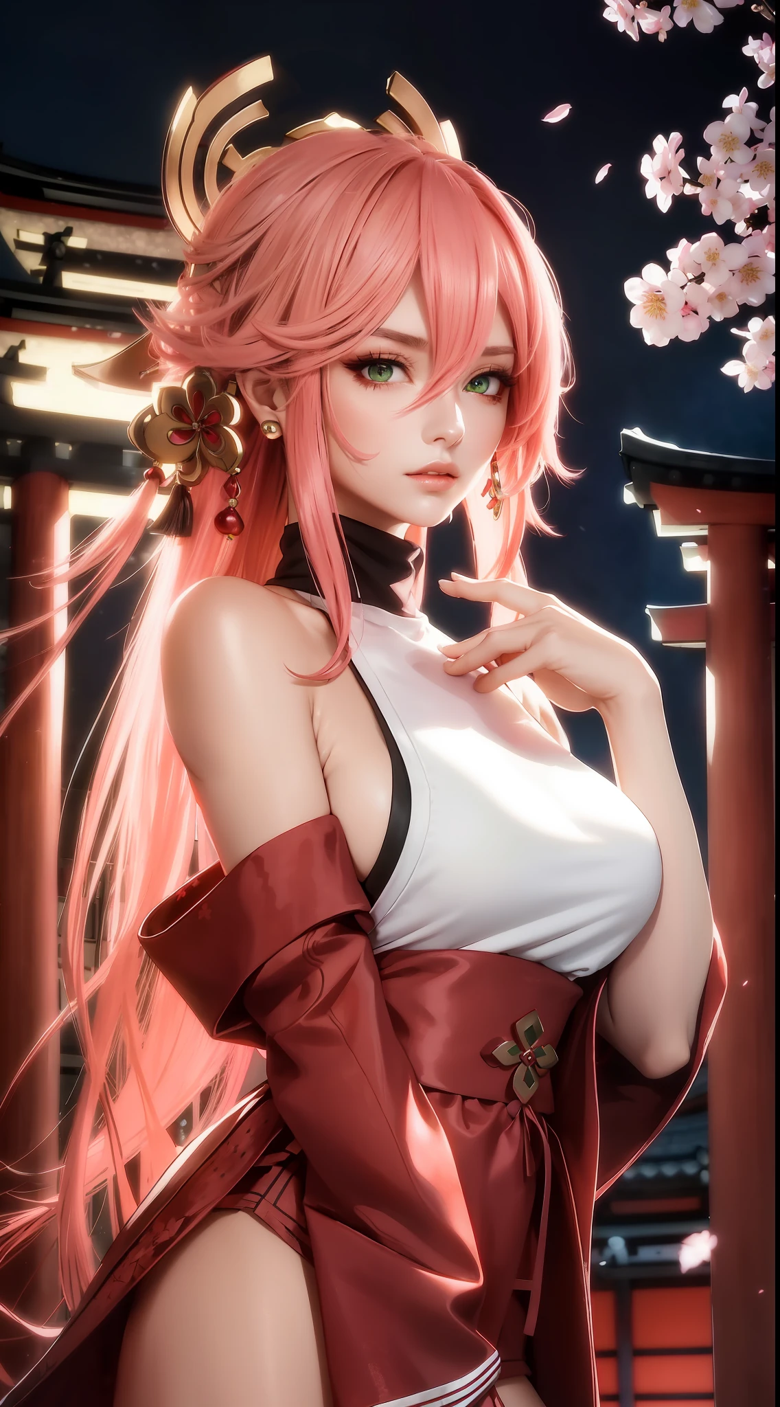 (Masterpiece, Excellent, 1girl, solo, complex details, color difference), realism, ((medium breath)), off-the-shoulders, big breasts, sexy, Yae Miko, long pink hair, red headdress, red highlight, hair above one eye, green eyes, earrings, sharp eyes, perfectly symmetrical figure, choker, neon shirt, open jacket, turtleneck sweater, against the wall, brick wall, graffiti, dim lighting, alley, looking at the audience, ((mean, seductive, charming)), ((cherry blossom background ))),((Japanese temple background)))), (((Glow-in-the-dark background)))