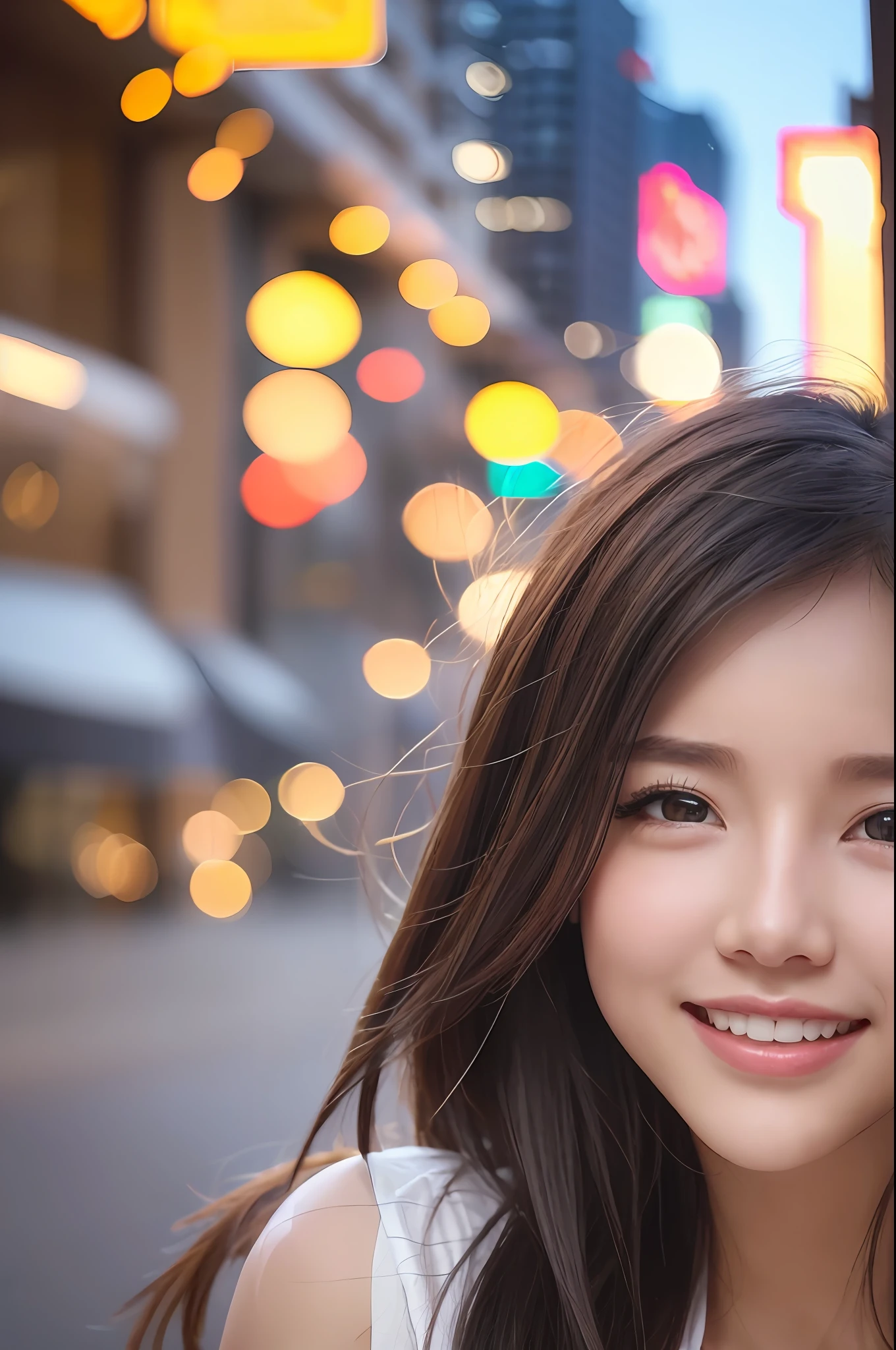 1girl, café, city view, city lights, upper body, close up, 8k, raw photo, best quality, masterpiece, realistic, photo realistic, lively, cute, dynamic, kind, selfie, natural face