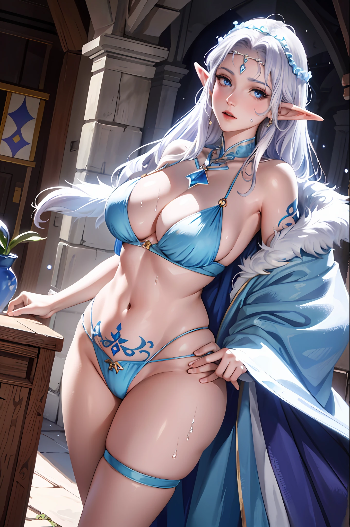 A tall and beautiful elven woman, chubby body, large breasts, bright light blue eyes, cold expression, proud posture, straight chest, white skin, purple facial tattoos, white tied hair, exposed chest, exposed shoulders, exposed navel, exposed thighs, looking at the camera, wet body, in a medieval inn.