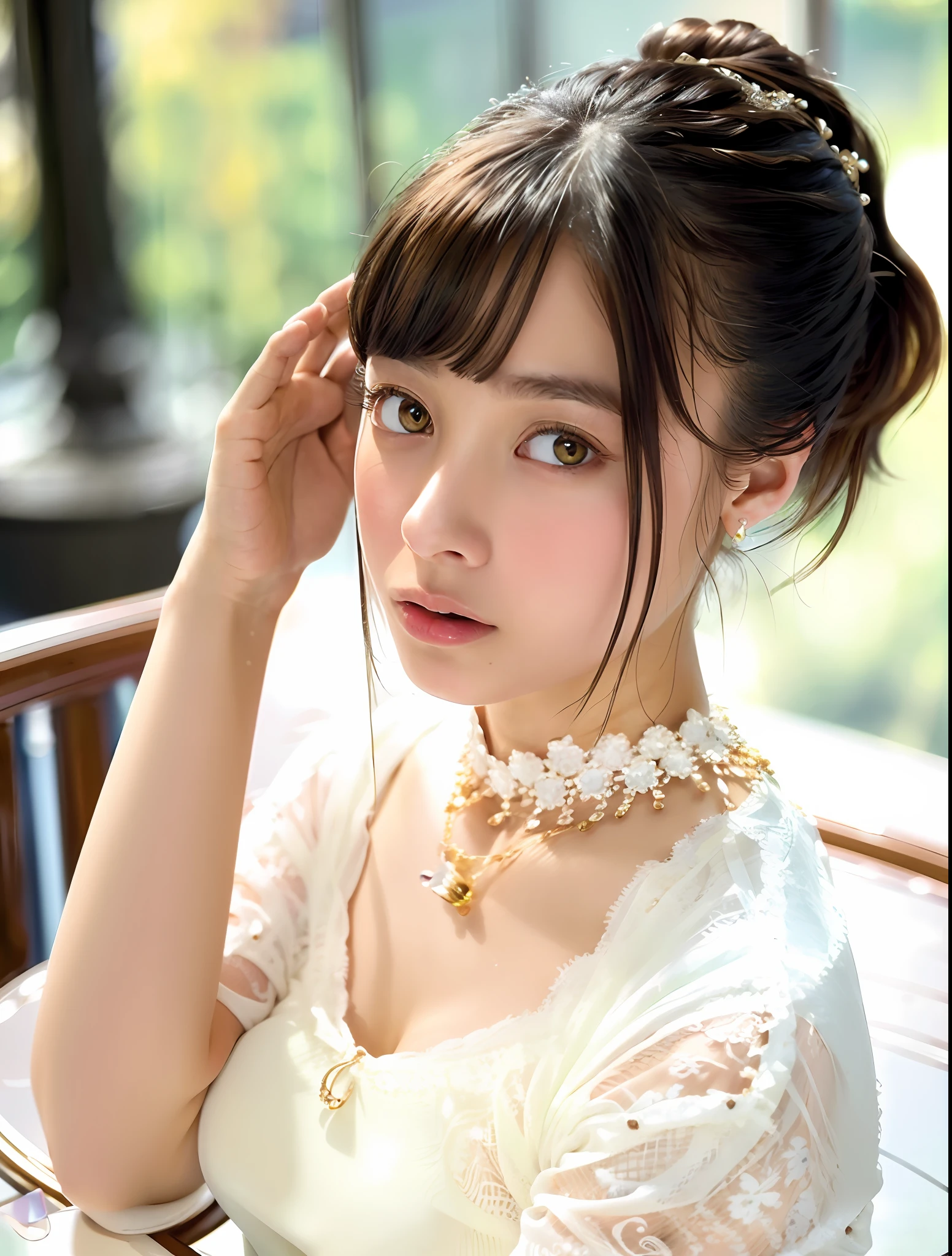 random posture, (very delicate and beautiful work), (masterpiece), 1girl, a girl in a white dress, high-detailed, leaking waist, contorted ponytail, charming look, beautiful clear eyes, green pupils, delicate necklace, delicate earrings, fairy ears, simple blurred background, very detailed description, beautiful, charming, ultra-fine painting, delicate face, delicate figure, thin collarbone, beautiful lips, beautiful breasts, soft back figure, mix4, (8k, RAW photo, best quality, masterpiece: 1.2), (realistic, photorealistic: 1.37),1girl,cute,cityscape, night, rain, wet, professional lighting, photon mapping, radiosity, physically based rendering, nudity