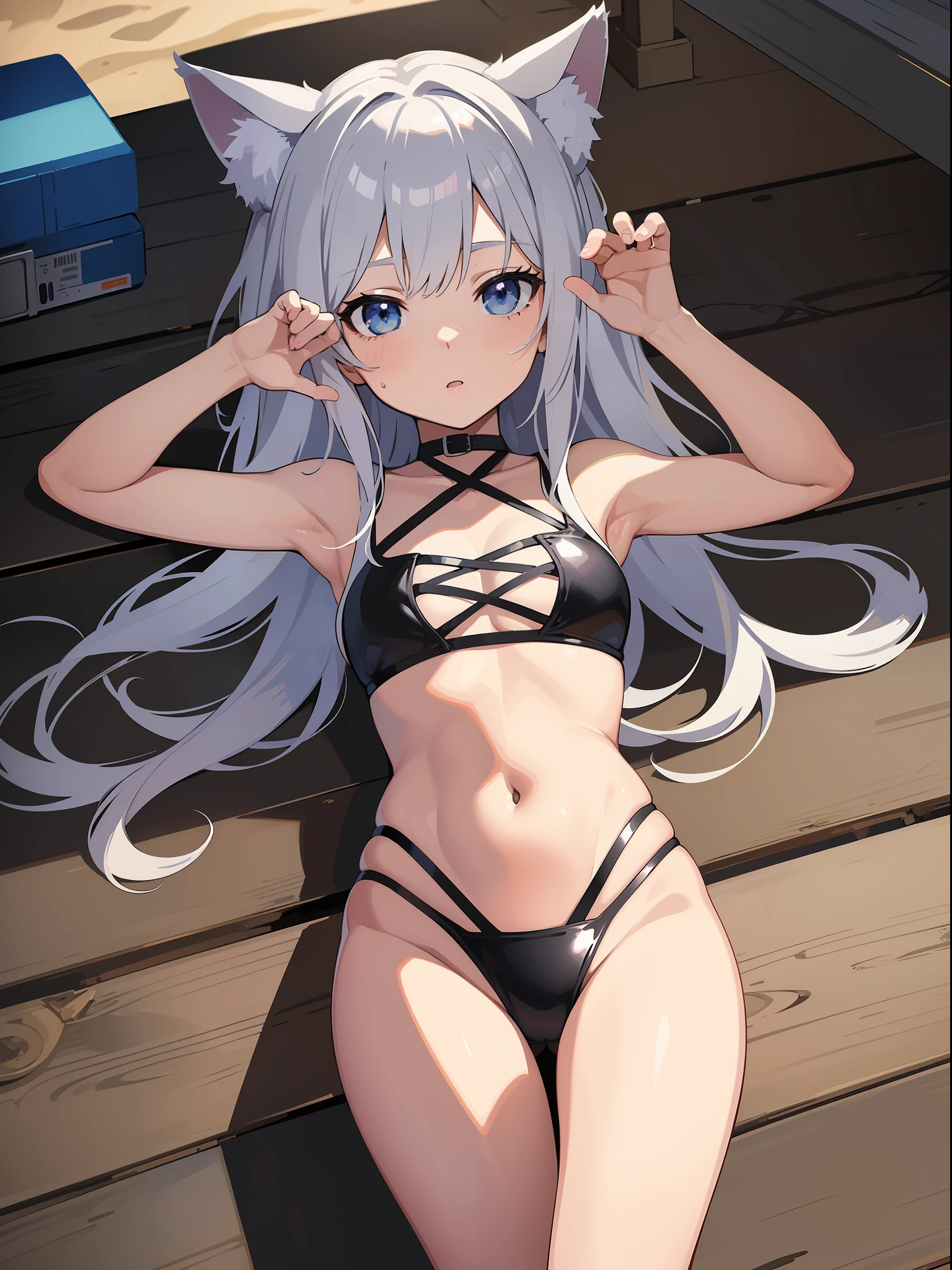 (Masterpiece), (Best Quality Anime Illustration), (Super Definition), One Girl, Solo, Beautiful Girl with Silver Hair, Anime , Cat Ears Lolixy Swimsuit, Bold Pose, Beach