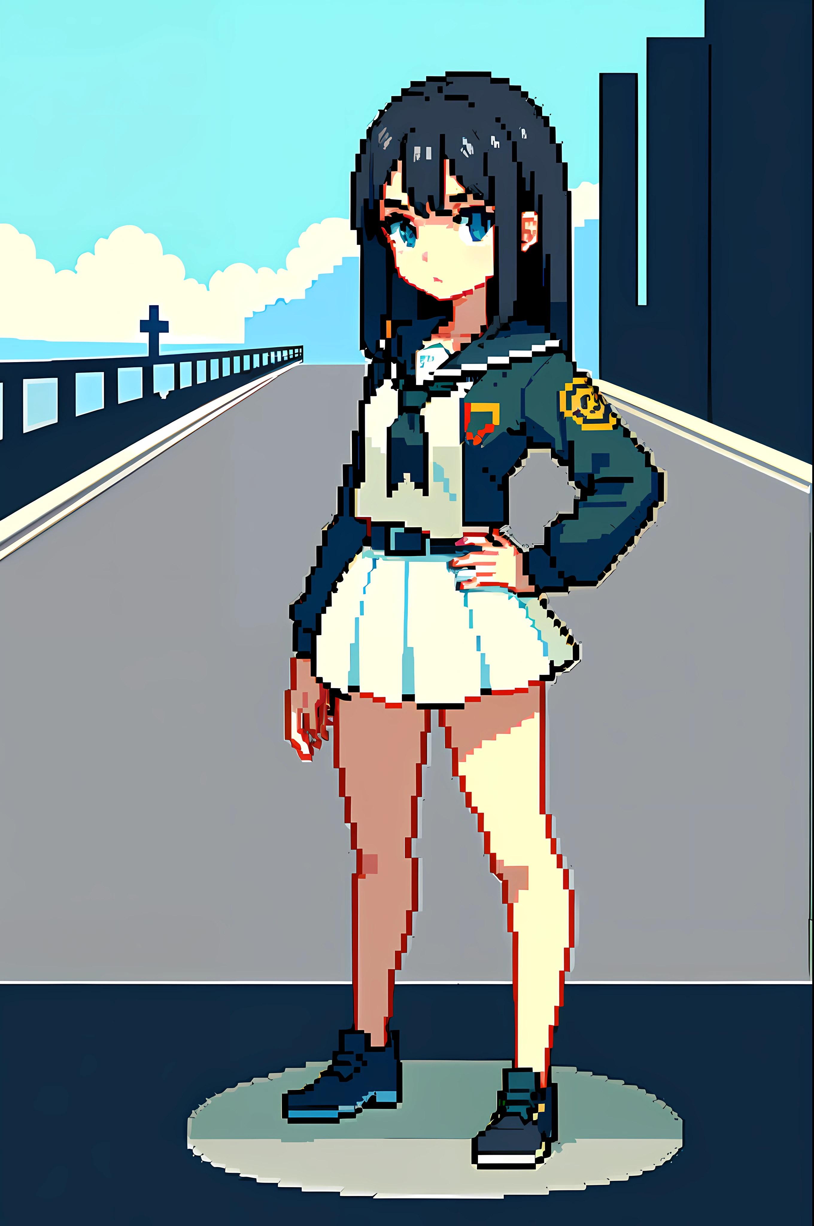 (Masterpiece, Top Quality, Best Quality), Pixel, Pixel Art, 1Girl, Cross the Road, Student, Full Body,