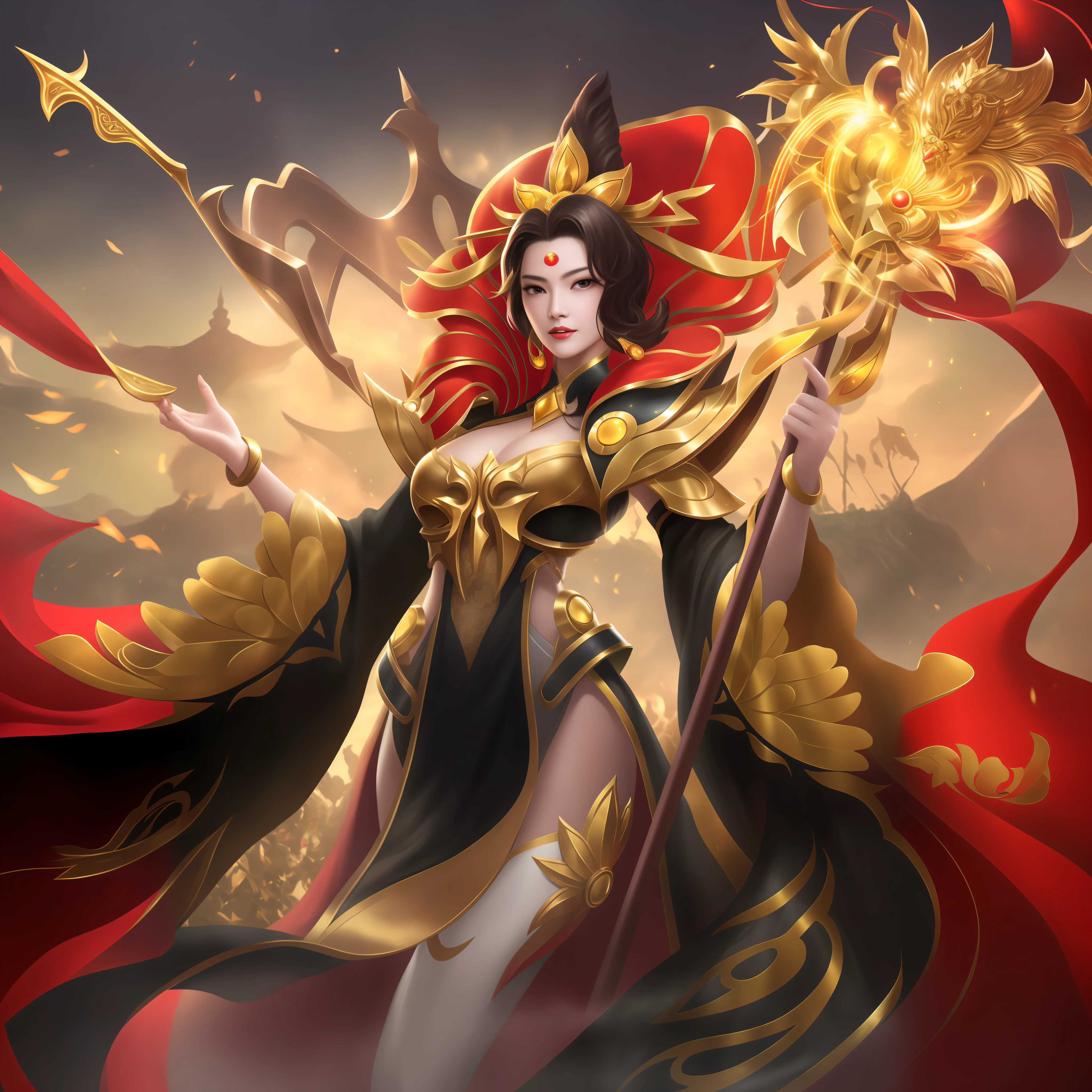a close up of a woman in a red and gold outfit holding a staff, inspired by Ju Lian, inspired by Lan Ying, bian lian, by Yang J, inspired by Pu Hua, g liulian art style, portrait of modern darna, a beautiful fantasy empress, queen of the sea mu yanling, inspired by Du Qiong