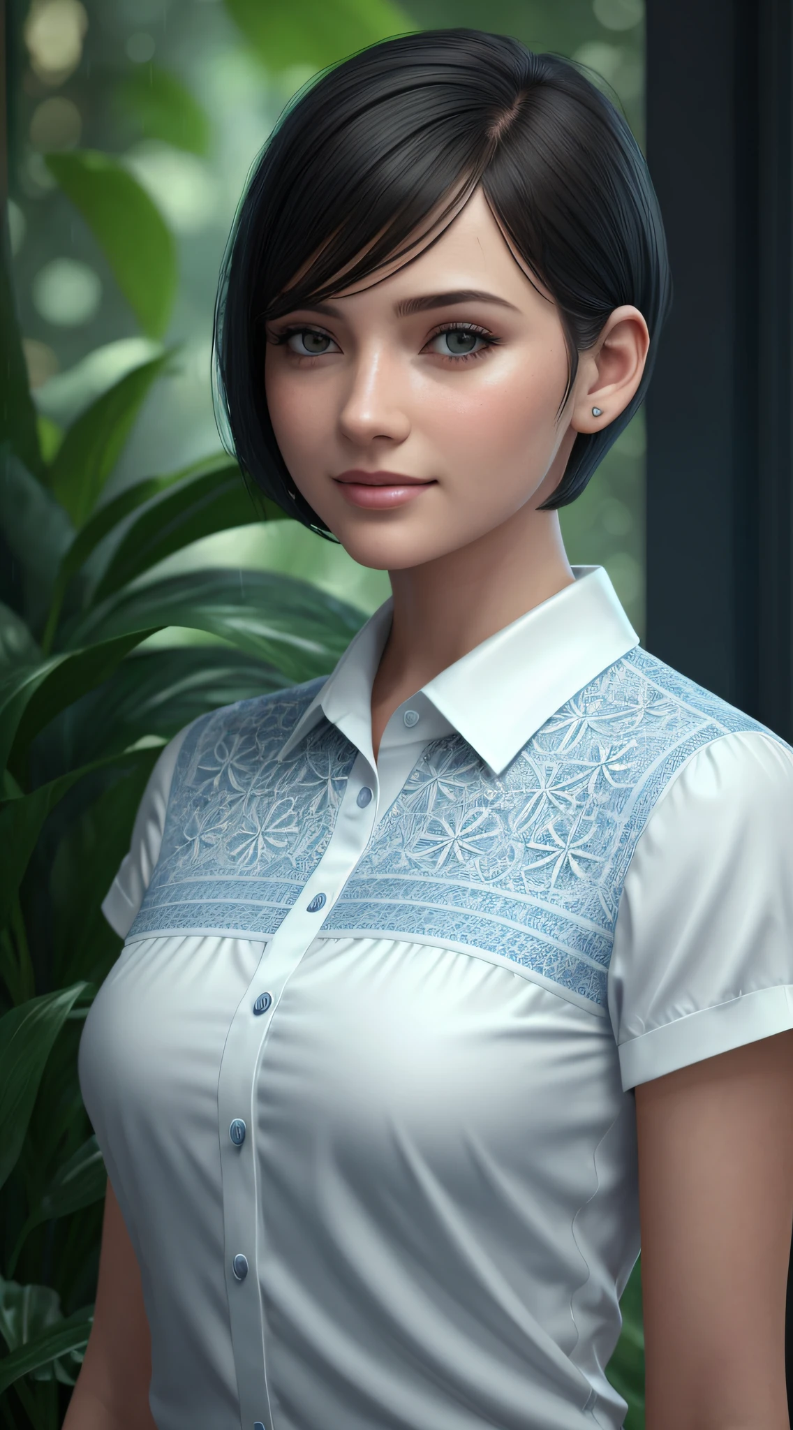 1 girl, fashion photography portrait of blue human avatar, in blue lush jungle with flowers and birds, amazing relief clothes, 3d render, cgi, symetrical white face, only one person, octane render, 35mm, bokeh, 9:16, (intricate details:1.12), hdr, (intricate details, hyperdetailed:1.15), (natural skin texture, hyperrealism, soft light, sharp:1.2), at night, (eerie:0.8), beautiful, insane details, best quality, realistic, (dark:1.4) (8k, best quality, masterpiece:1.2), (realistic, photo-realistic:1.37), ultra-detailed, 1 girl, cute, solo, beautiful detailed sky, detailed cafe, night, sitting, dating, (nose blush), (smile:1.15), (closed mouth) small breasts, beautiful detailed eyes, (collared shirt:1.1), night, wet, business attire, rain, white lace, (short hair:1.2), floating hair NovaFrogStyle, topless,