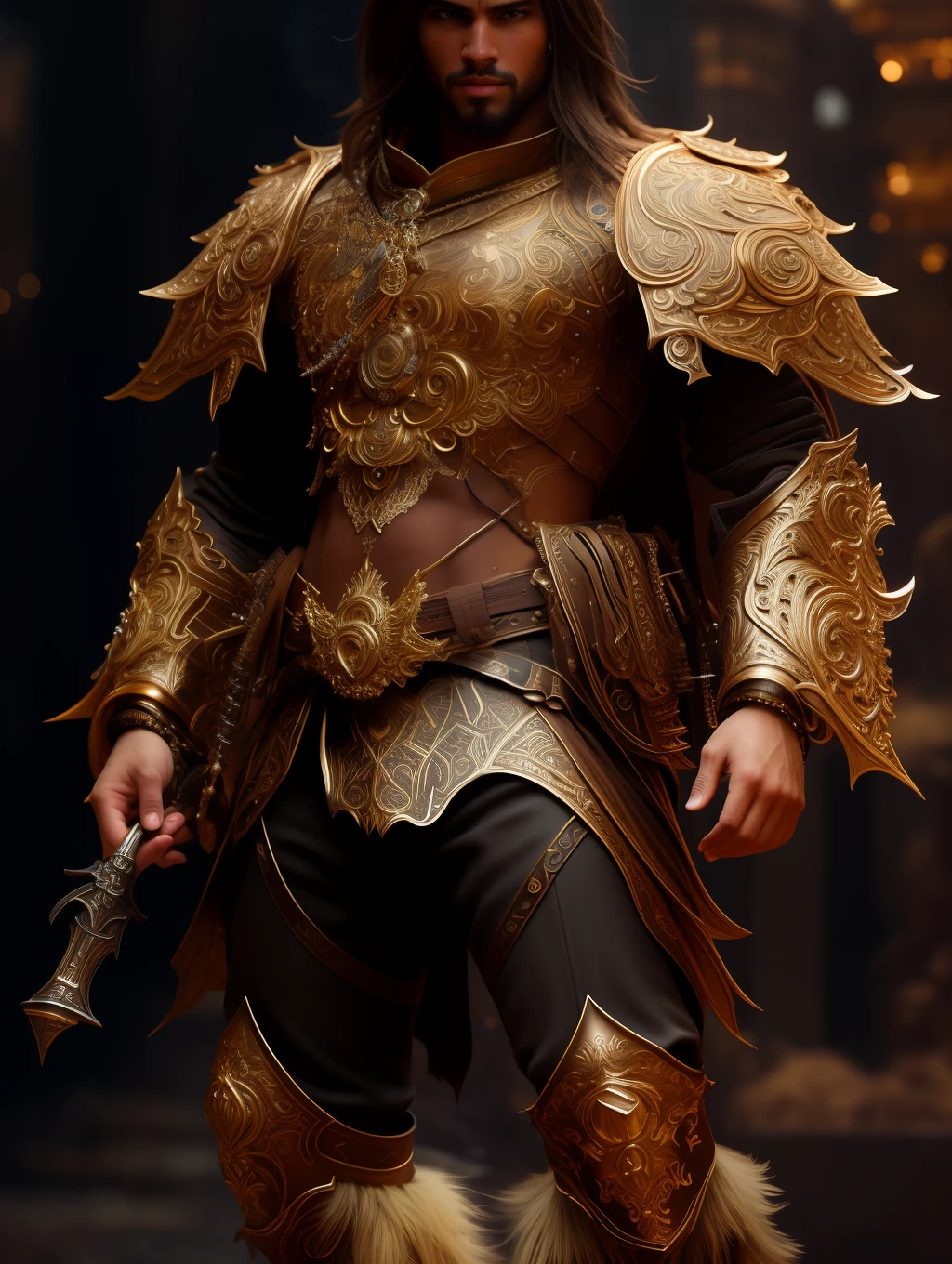 full body wide shot, handsome fitted man, extremely handsome face, short messy light brown hair, warrior wearing heavy bronze body armor insanely detailed and intricate , hypermaximalist, elegant, ornate, hyper realistic, super detailed, cinematic light, dark fantasy, ConceptArtWorld, apocalyptic,grouchy, masterpiece, (highly detailed environment:1.3), low angle shot, dynamically extreme action poses