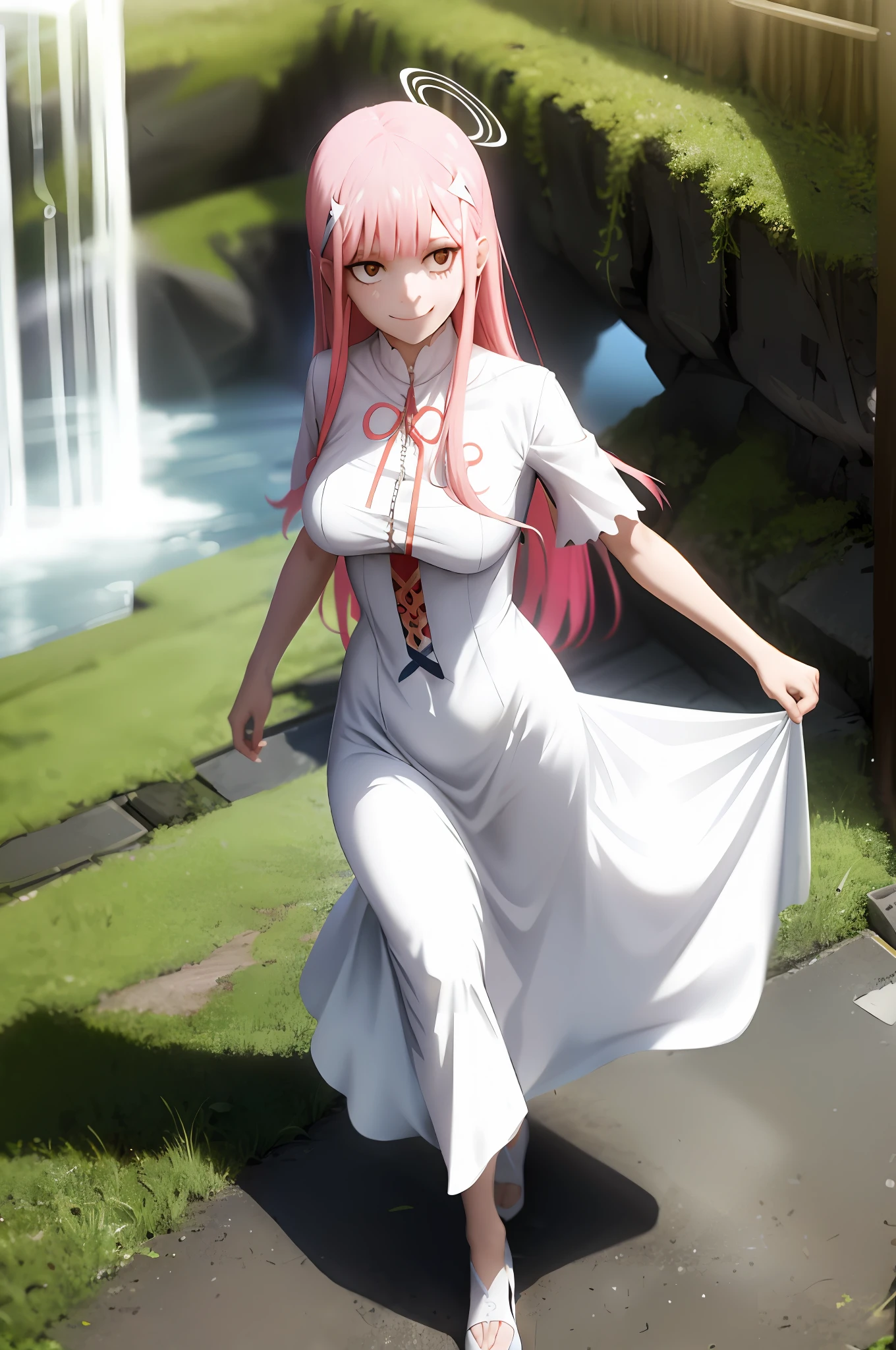 long dress, oni girl, zero two, white dress, white dress, angel halo, rainbow halo, full body, portrait, medium breast, walking, forest, coat, vest, buttlern long skirt, Victorian fabrics, smile ,happy