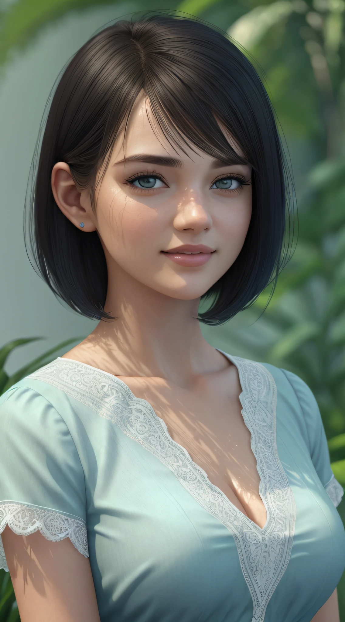 1 girl, fashion photography portrait of blue human avatar, in blue lush jungle with flowers and birds, amazing relief clothes, 3d render, cgi, symetrical white face, only one person, octane render, 35mm, bokeh, 9:16, (intricate details:1.12), hdr, (intricate details, hyperdetailed:1.15), (natural skin texture, hyperrealism, soft light, sharp:1.2), at night, (eerie:0.8), beautiful, insane details, best quality, realistic, (dark:1.4) (8k, best quality, masterpiece:1.2), (realistic, photo-realistic:1.37), ultra-detailed, 1 girl, cute, solo, beautiful detailed sky, detailed cafe, night, sitting, dating, (nose blush), (smile:1.15), (closed mouth) small breasts, beautiful detailed eyes, (collared shirt:1.1), night, wet, business attire, rain, white lace, (short hair:1.2), floating hair NovaFrogStyle, topless,
