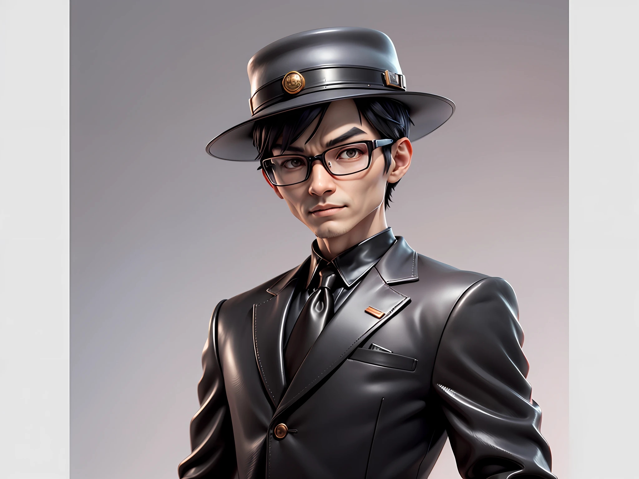 Young man with oriental face in leather hat, tiger, oriental face in formal suit, short black hair, silver glasses, digital painting, 3D character design by Mark Clairedon and Pixar and Hayao Miyazaki and Akira Toriyama, the illustration is a high-definition illustration in 4K resolution with very detailed facial features and cartoon-style visuals.
