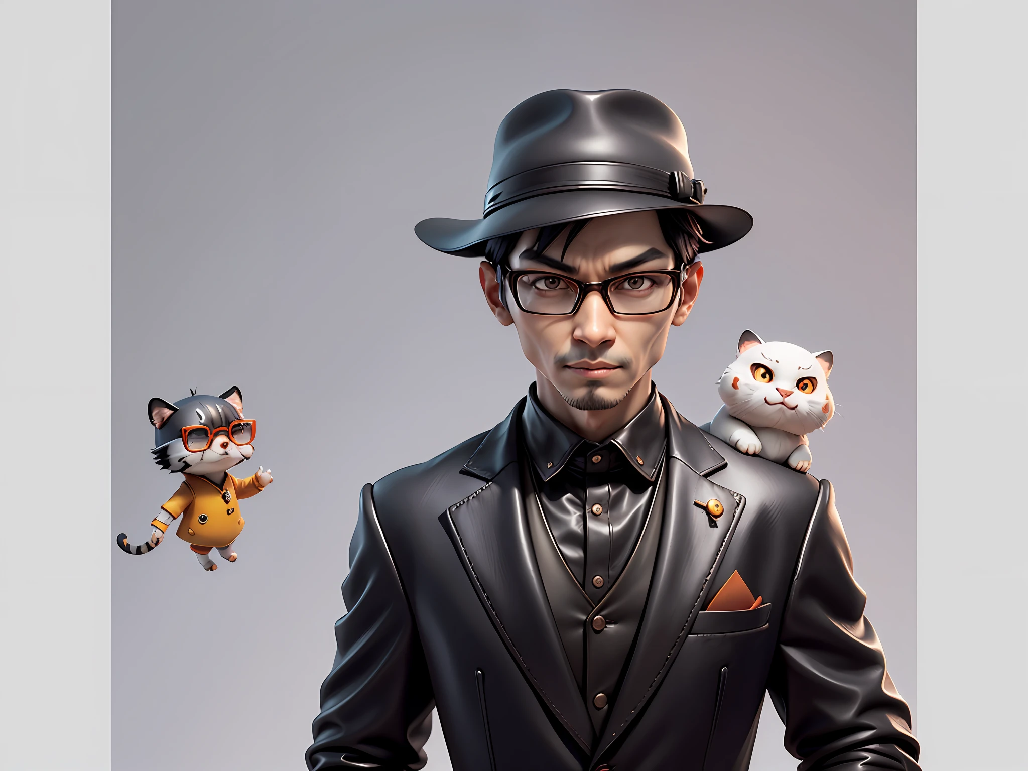 Young man with oriental face in leather hat, tiger, oriental face in formal suit, short black hair, silver glasses, digital painting, 3D character design by Mark Clairedon and Pixar and Hayao Miyazaki and Akira Toriyama, the illustration is a high-definition illustration in 4K resolution with very detailed facial features and cartoon-style visuals.