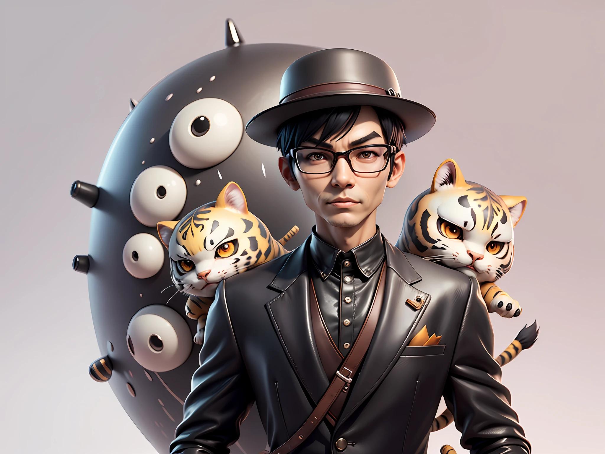 Young man with oriental face in leather hat, tiger, oriental face in formal suit, short black hair, silver glasses, digital painting, 3D character design by Mark Clairedon and Pixar and Hayao Miyazaki and Akira Toriyama, the illustration is a high-definition illustration in 4K resolution with very detailed facial features and cartoon-style visuals.