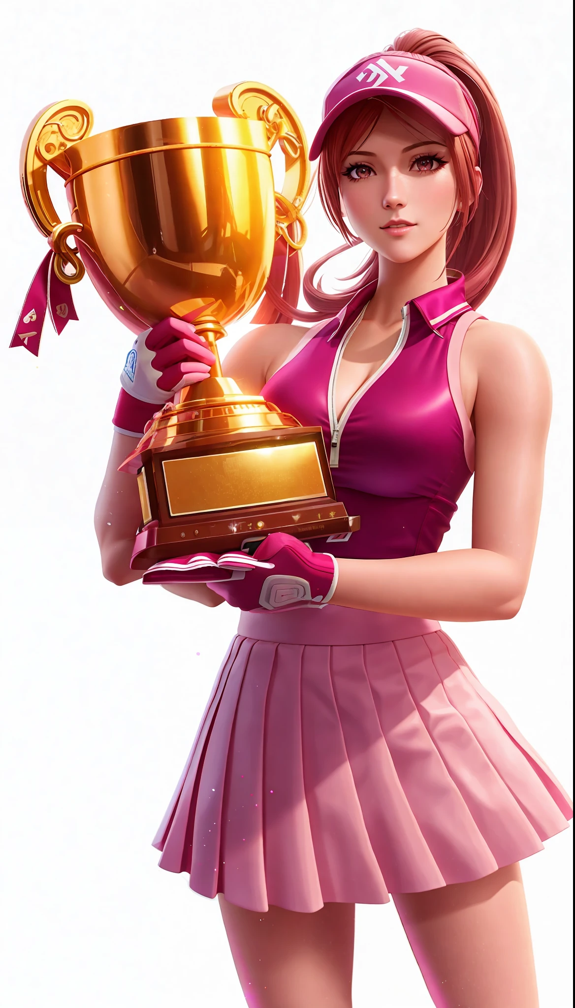 a woman in a tennis outfit holding a trophy and a tennis racket, pink iconic character, sfm, as a character in tekken, character from king of fighters, render of april, tifa, juri misaki, sfm render, pink skin, katarina, faye valentine, fighting game character, juri han from street fighter, annie from league of legends