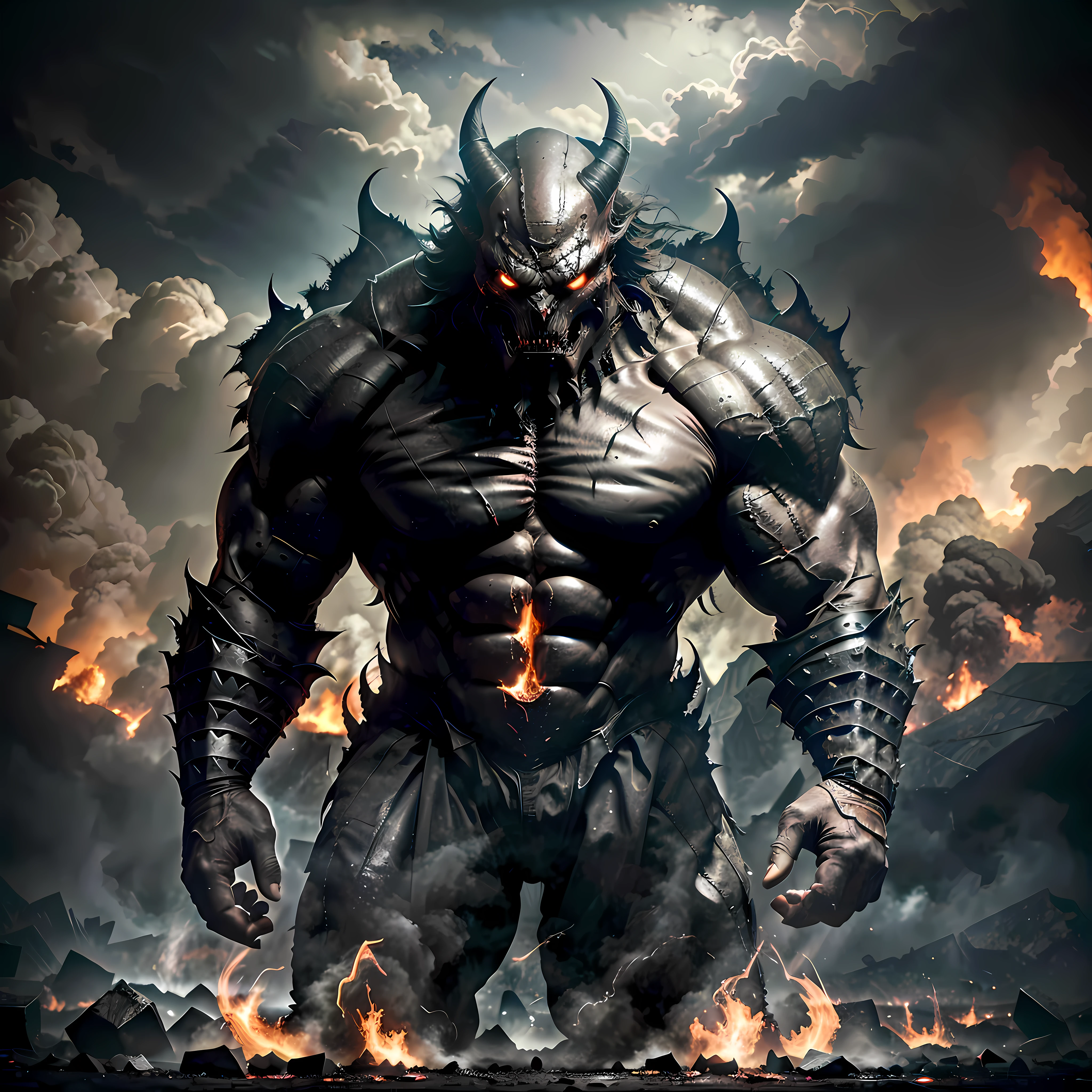 A destructive creature emerges from the shadows, shrouded in a sinister aura. His colossal and muscular body exudes an uncontrollable force. Its sharp claws and menacing teeth indicate its fierce nature. The ground shakes beneath his mighty footsteps as destruction and chaos follow in his wake. The sky darkens with stormy clouds, echoing the impending threat. Flames and smoke fill the air, indicating the coming devastation. It is a terrifying glimpse of a creature that awakens the deepest fear in the hearts of those who witness it. Photographed by Guillermo del Toro with a RED EPIC-W and a wide-angle lens, the lighting is a combination of dark lights and special effects, creating a dark and frightening atmosphere