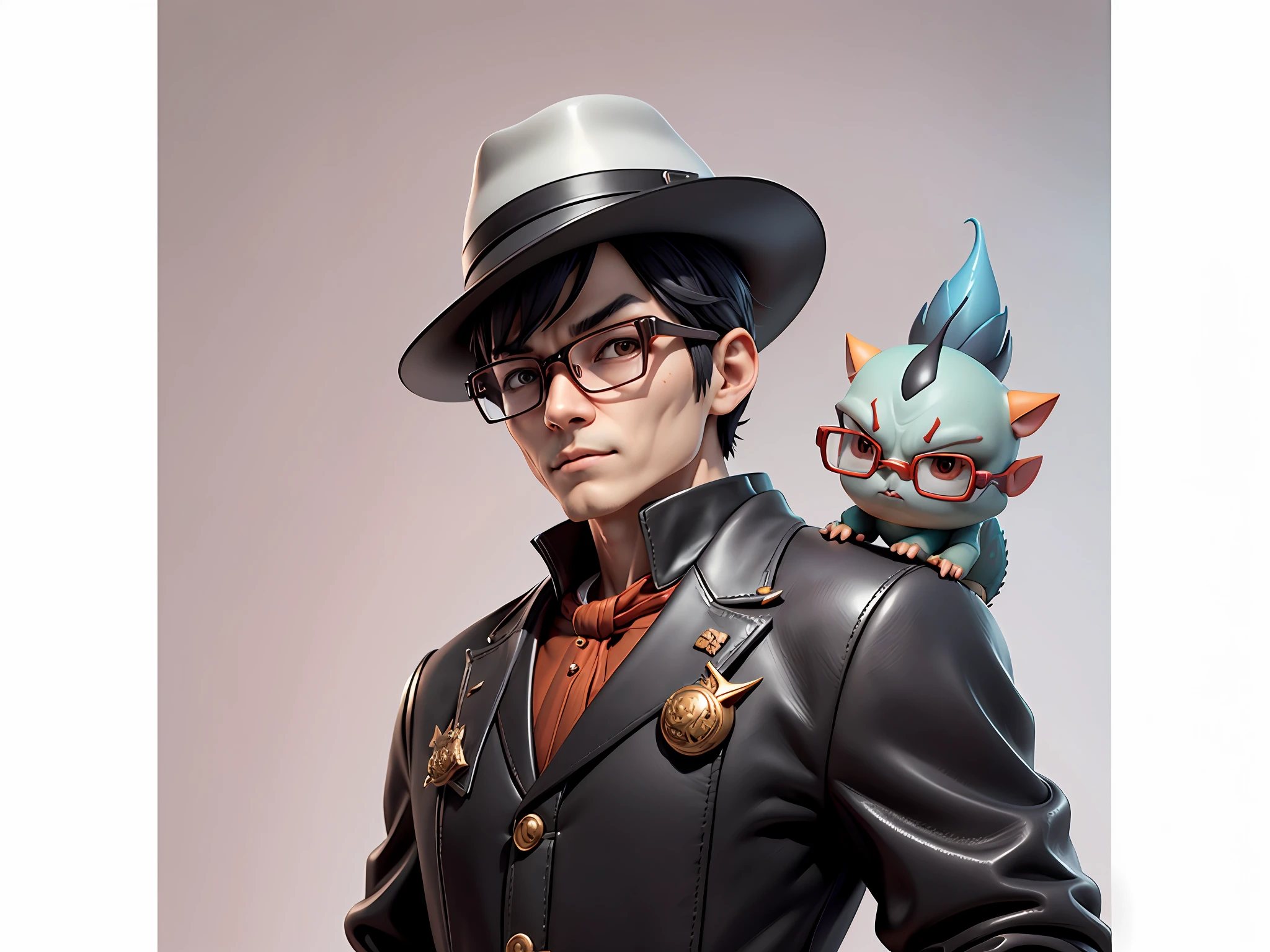 Young man with oriental face in leather hat, dragon, formal suit, short black hair, silver glasses, digital painting, 3D character design by Mark Clairedon and Pixar and Hayao Miyazaki and Akira Toriyama, the illustration is a high-definition illustration in 4K resolution with very detailed facial features and cartoon-style visuals.