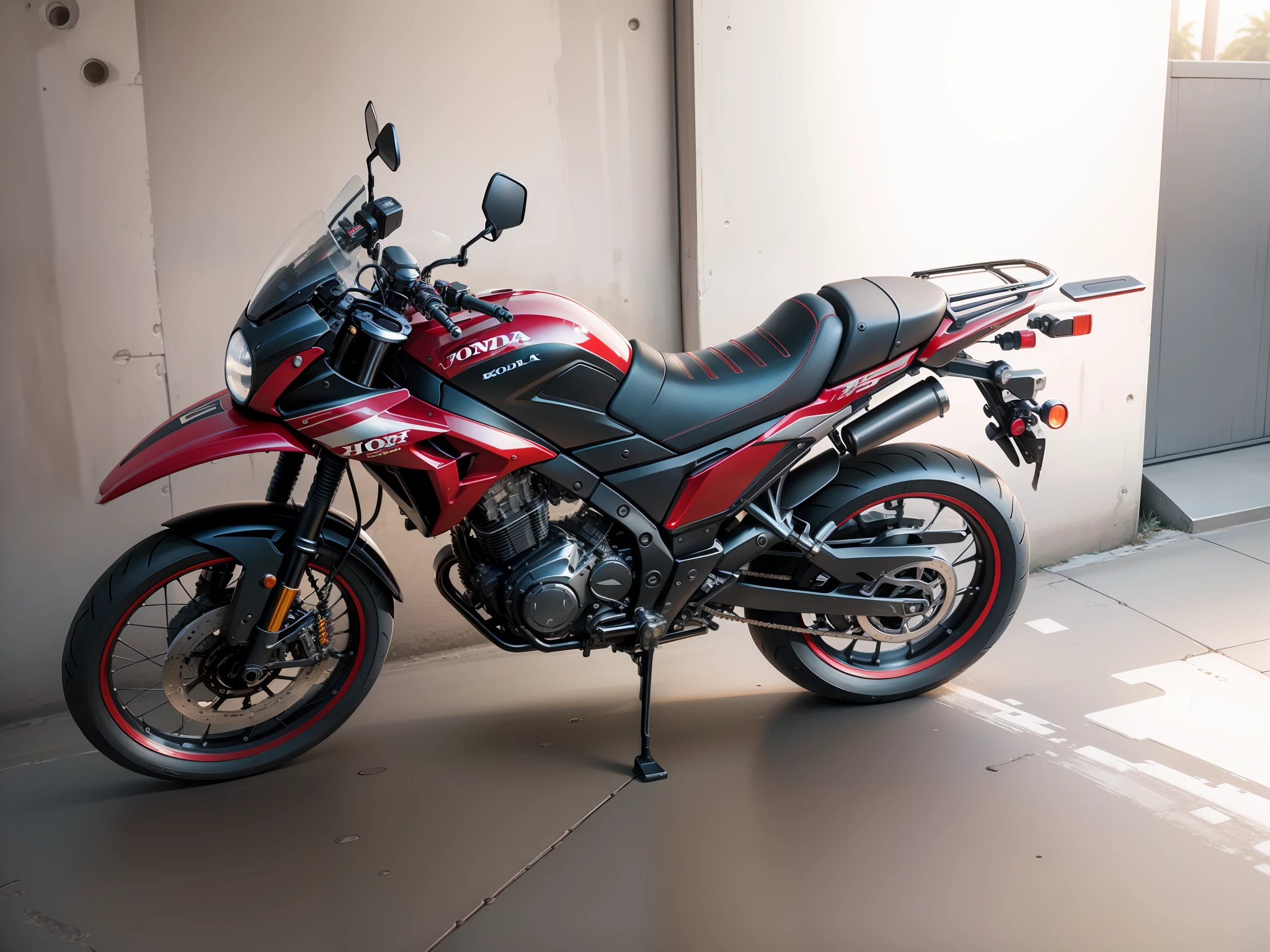 Motorcycle, motorcycle, honda bros, honda bike, realistic motorcycle, photorealism, photorealistic, realistic, ultra hd, 4k, detailed textures, futuristic colors, motorcycle colors red and black, super realistic, surreal, unbelievable, beauty, beauty place, beautiful place, detailed, detailed texture,