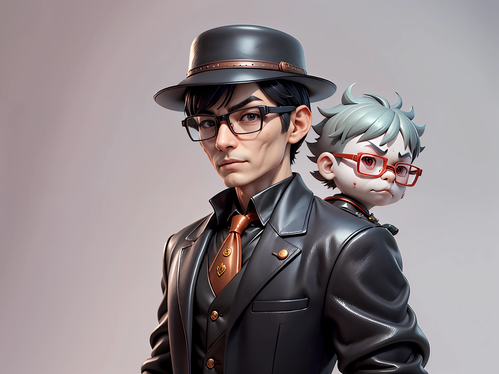 Young man with oriental face in leather hat, dragon, formal suit, short black hair, silver glasses, digital painting, 3D character design by Mark Clairedon and Pixar and Hayao Miyazaki and Akira Toriyama, the illustration is a high-definition illustration in 4K resolution with very detailed facial features and cartoon-style visuals.