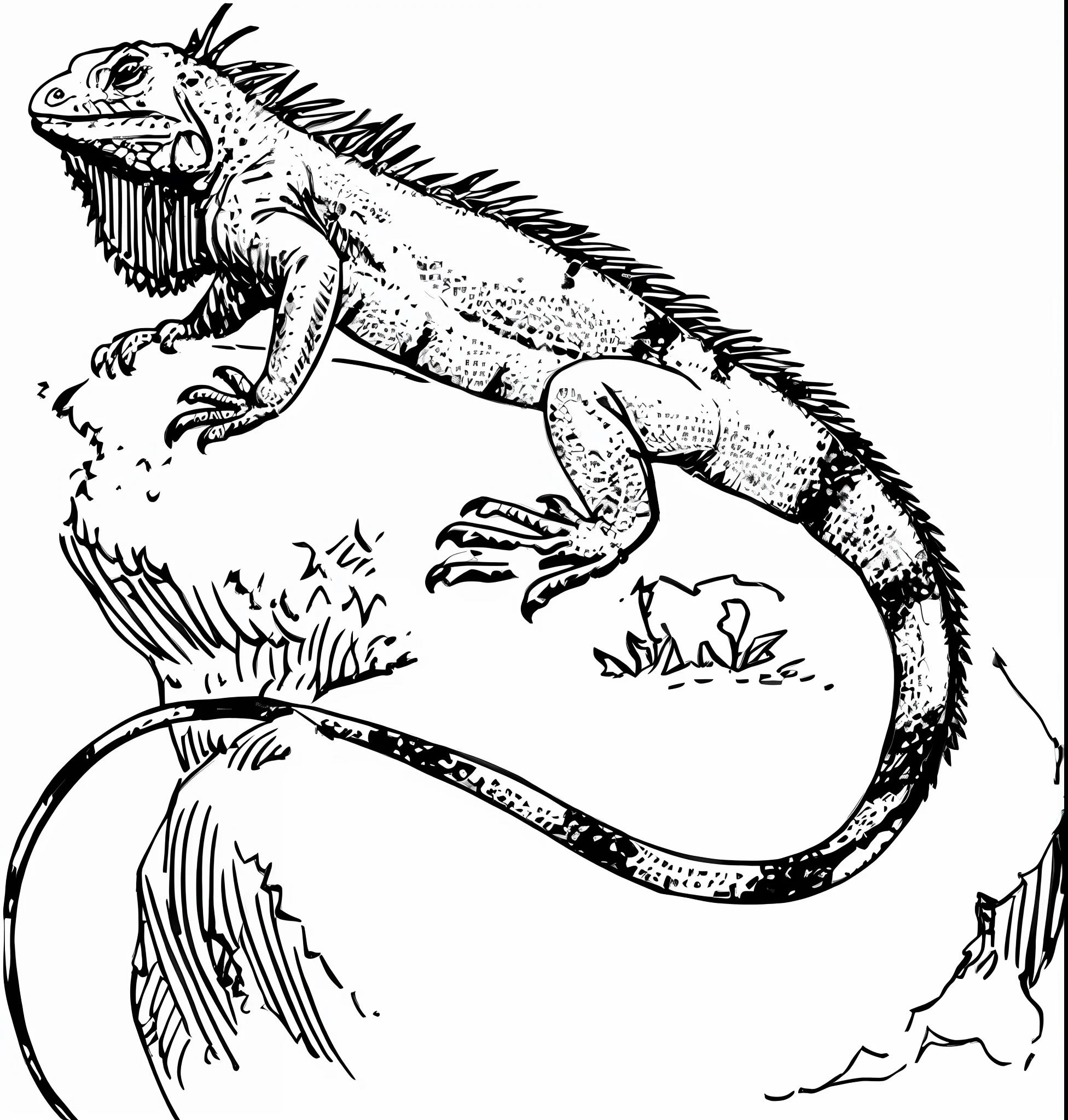 a black and white drawing of a lizard (( Iguana )) on a rock, iguana, an illustration of, lizard, lizard pose, antro lizard, lizard, gecko, gecko, line art illustration, reptile, hd illustration, highly detailed black ink outline, lizard, detailed illustration, reptiles, lizard art, finely detailed illustration, fine illustration