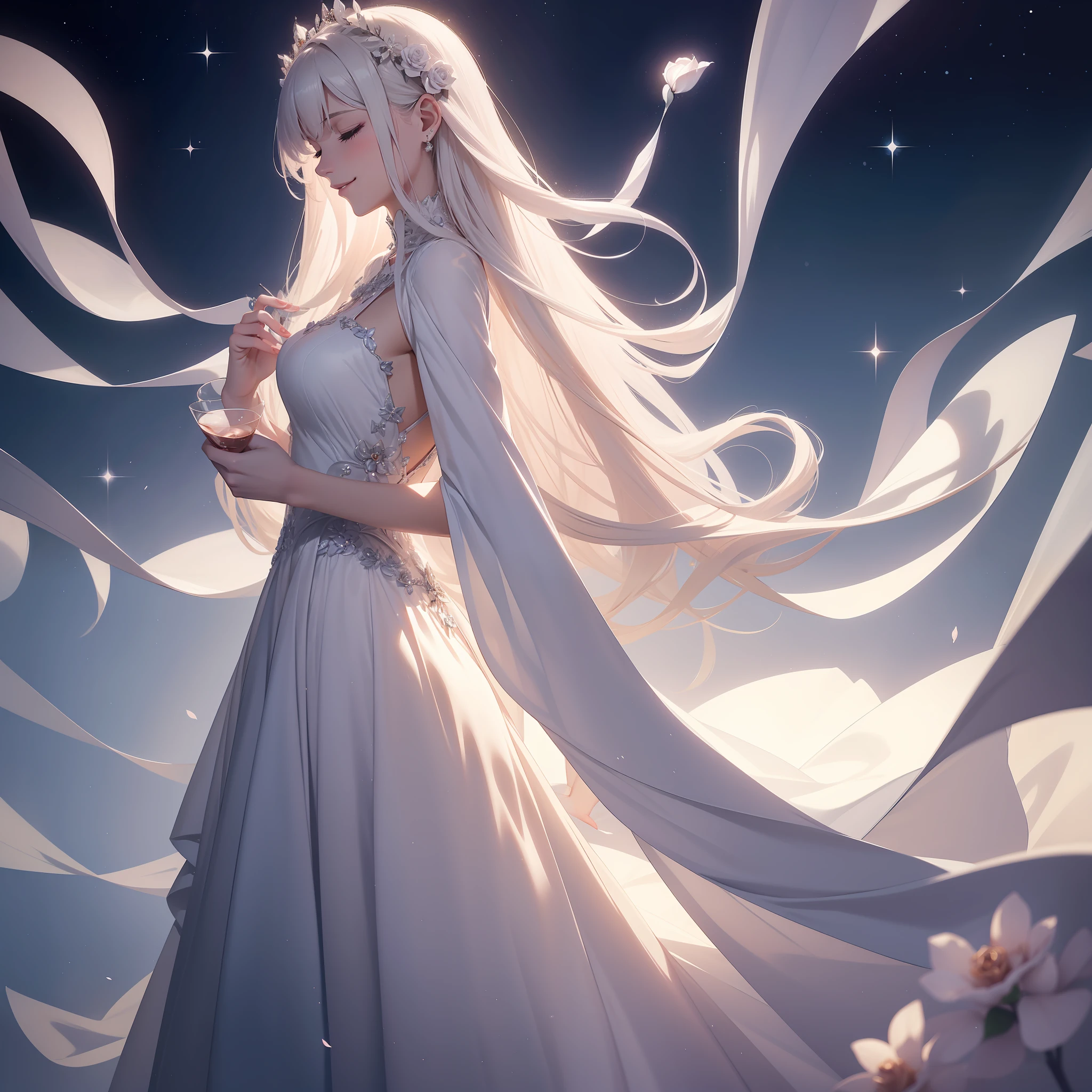 A single glass rose, a smile with closed eyes, a luxurious dress, a glittering long coat, a gorgeous luxury, a hundred flowers of a hundred flowers, flowers that emit a faint light, a petal blizzard that emits a faint light,