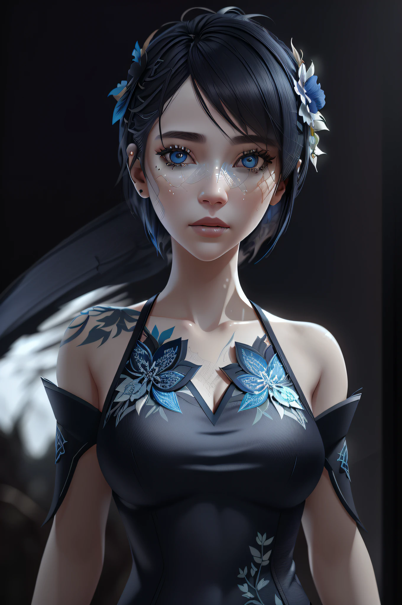 1 girl, fashion photography portrait of blue human avatar, in blue lush jungle with flowers and birds, amazing relief clothes, 3d render, cgi, symetrical white face, only one person, octane render, 35mm, bokeh, 9:16, (intricate details:1.12), hdr, (intricate details, hyperdetailed:1.15), (natural skin texture, hyperrealism, soft light, sharp:1.2), at night, (eerie:0.8), beautiful, insane details, best quality, realistic, (dark:1.4)