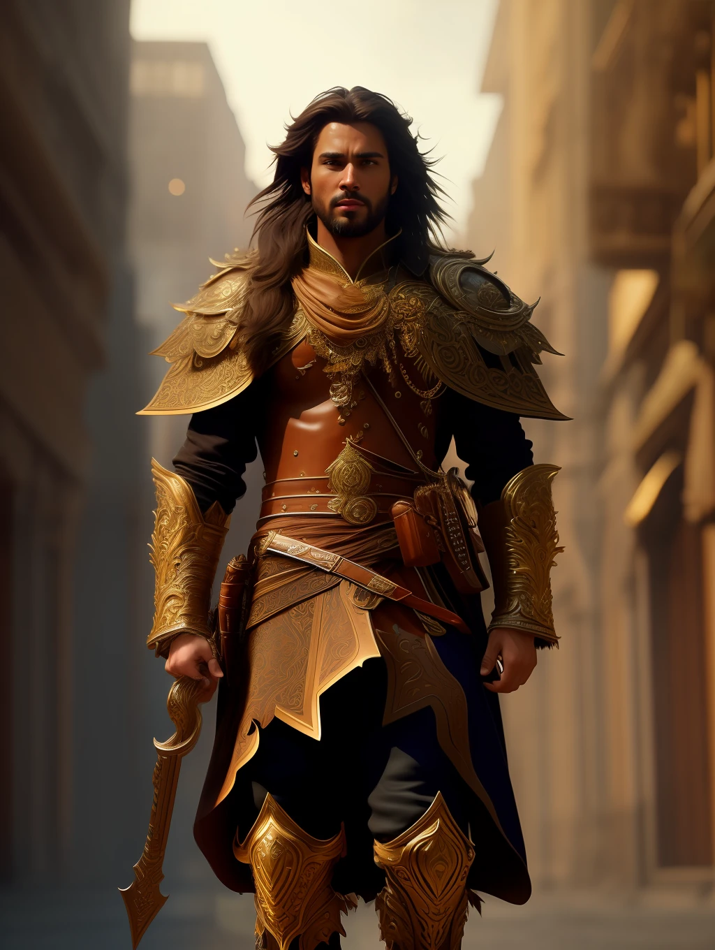 full body wide shot, handsome fitted man, extremely handsome face, very masculine, short messy light brown hair, warrior wearing heavy bronze body armor insanely detailed and intricate , hypermaximalist, elegant, ornate, hyper realistic, super detailed, cinematic light, dark fantasy, ConceptArtWorld, apocalyptic,grouchy, masterpiece, (highly detailed environment:1.3), low angle shot, dynamically extreme action poses