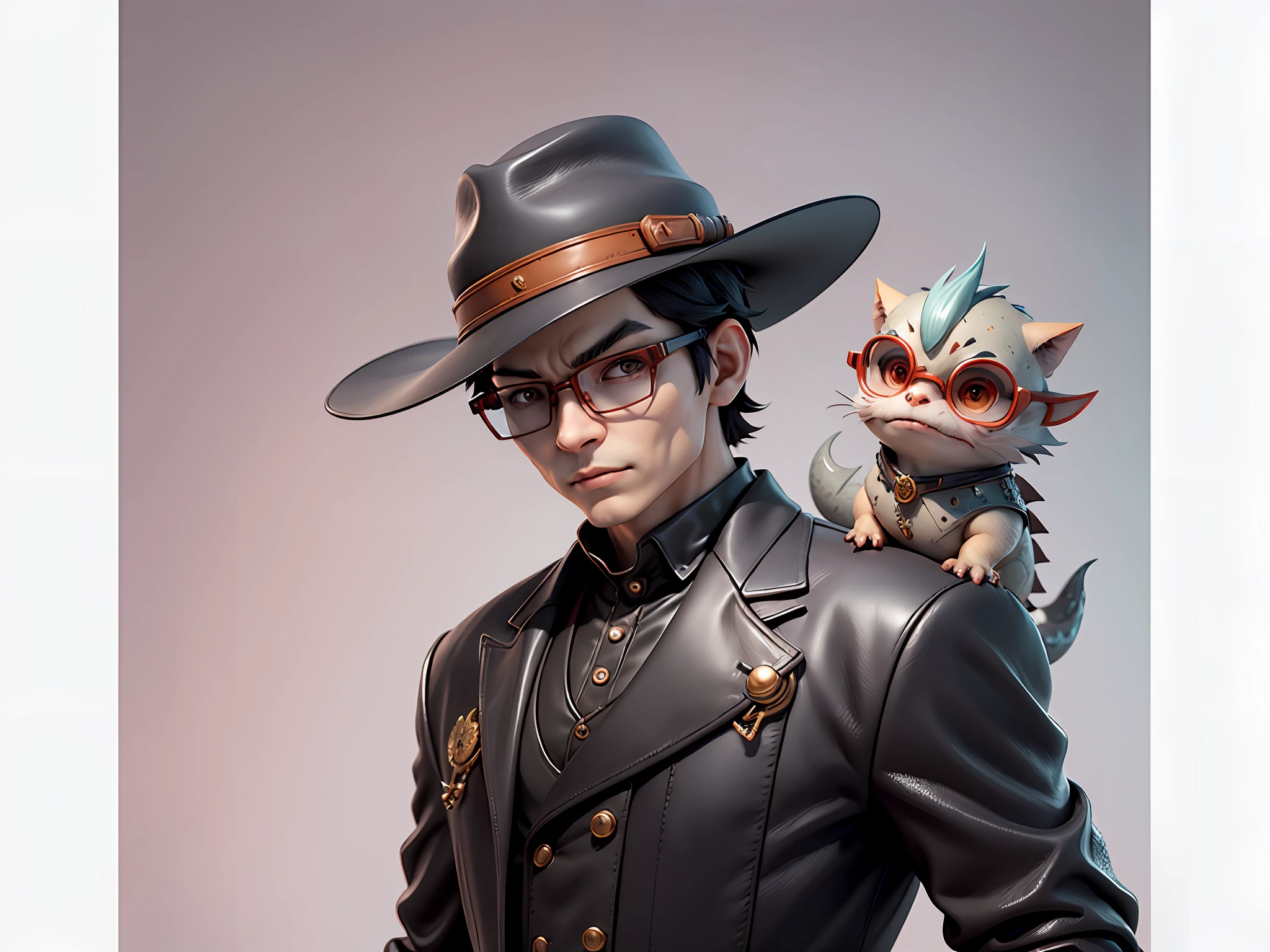 Young man with oriental face in leather hat, dragon, formal suit, short black hair, silver glasses, digital painting, 3D character design by Mark Clairedon and Pixar and Hayao Miyazaki and Akira Toriyama, the illustration is a high-definition illustration in 4K resolution with very detailed facial features and cartoon-style visuals.