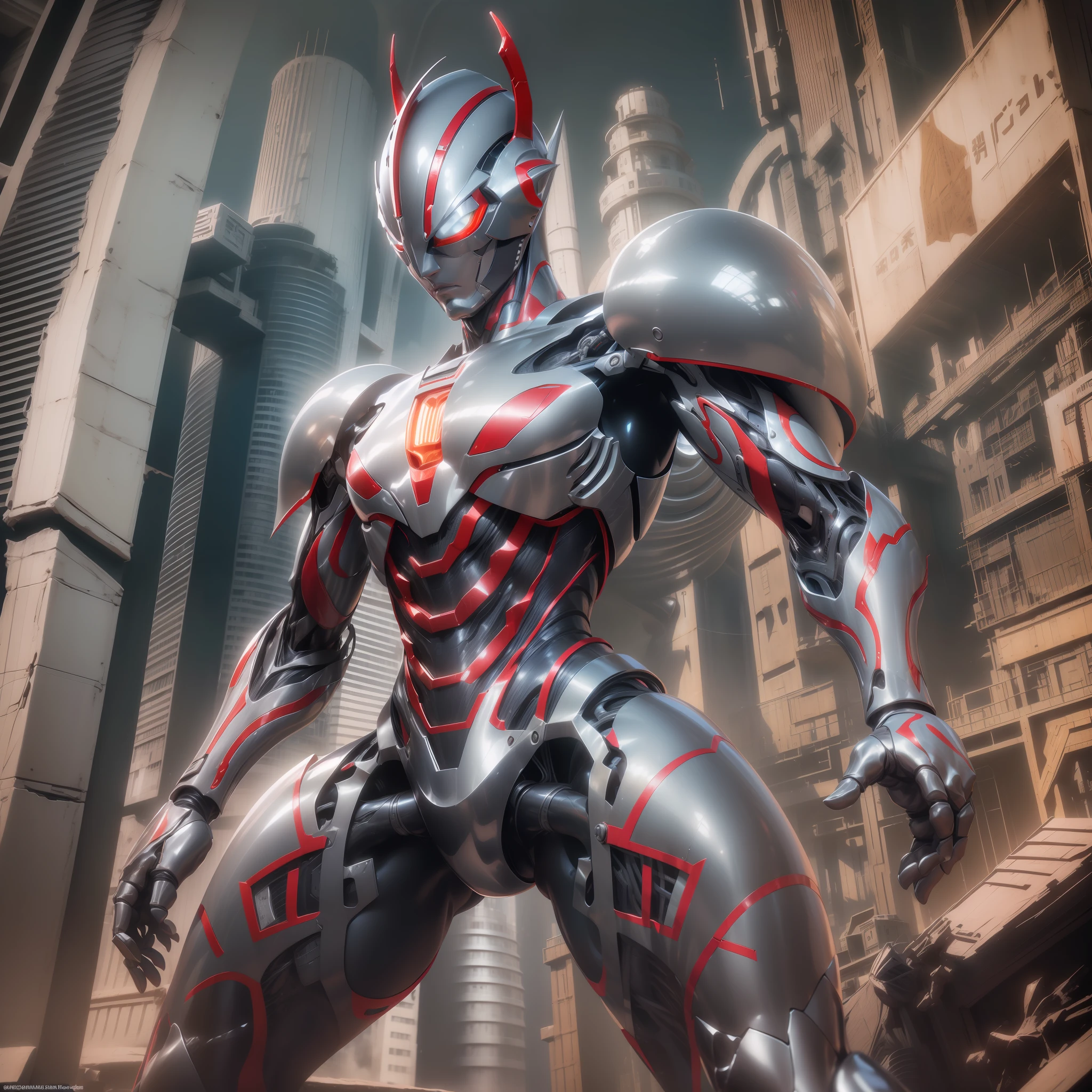 (masterpiece, super-delicate, high resolution), male focus, (((Mobile Ultraman))), (((Mecha))), (his head is tapered, his body is made of red and silver, his arms are mechanized, his body presents a strong mechanical feeling, there are obvious dividing lines between the parts, making the whole look very complex, the overall shape is complex and mechanized), (((Straddle posture))), pose for photos, high angle, dark night, city ruins, Background details, (((whole body))), (((sense of giganty))