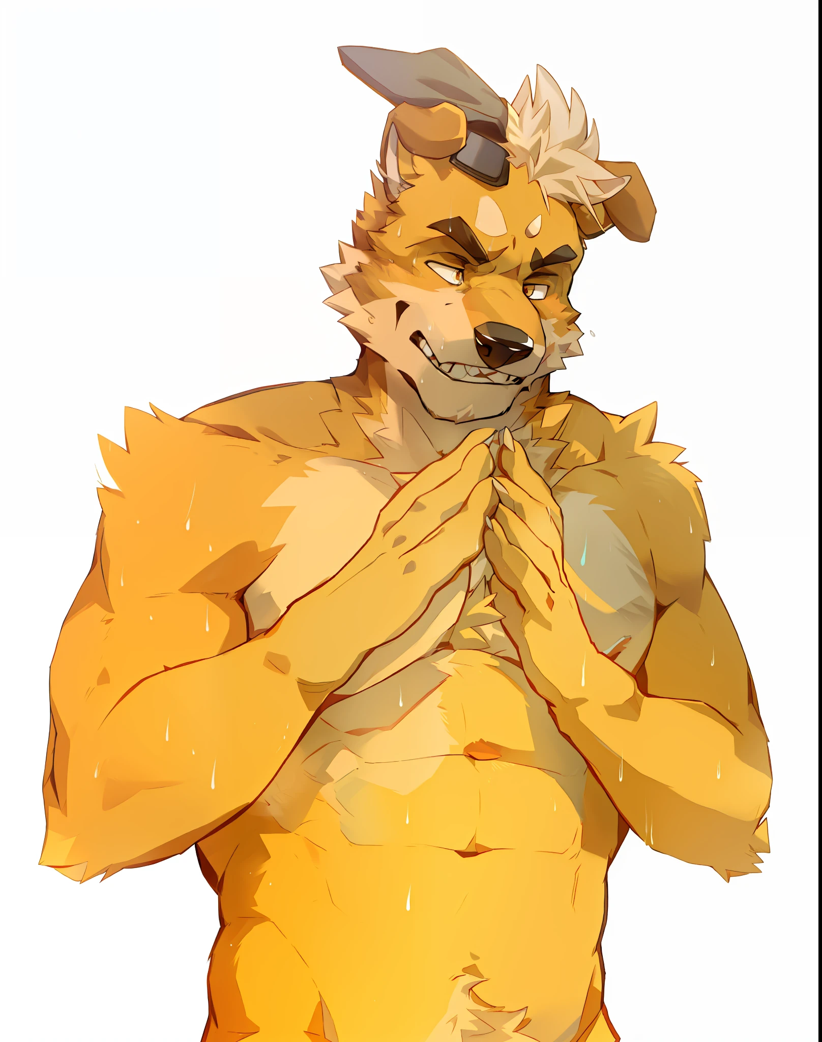 man with a dog face, dog, light brown fur, caramel, drooping ears, closed expression, soil, dark blonde, full body, wearing tank top, skin detailes, man with a dog mask on his head, brown fur, caramel, drooping ears, closed expression, a character portrait inspired by Caspar Wolf, trend in deviantart, furry art, furry chest, furry fursona, furry character, furry body, furry neck a, Antro (wolf), Male, (wolf), Brown body, White belly, Detailed golden eyes, Rainy, dark: 1.3, Arena: 1.6, Dim, (Fighting pose), White hand strap, Biceps, (Muscular), Sweat, , 8K HD, Dark shadows, Wide dynamic range, HDR, 低光:1.2, by Pino Daeni, (by Ruaidri), by Virtyalfobo