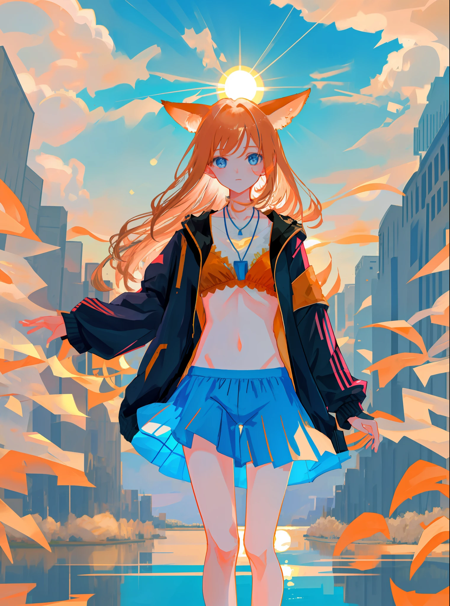 1girl in a lake, fox ears, orange hair, blue eyes, necklace,sun set, gorgeos, wallpaper, digital art, matching underwears, black bra, black panties, no shirt, no pant, high details, close up, black jacket, magical, misteryous, particles