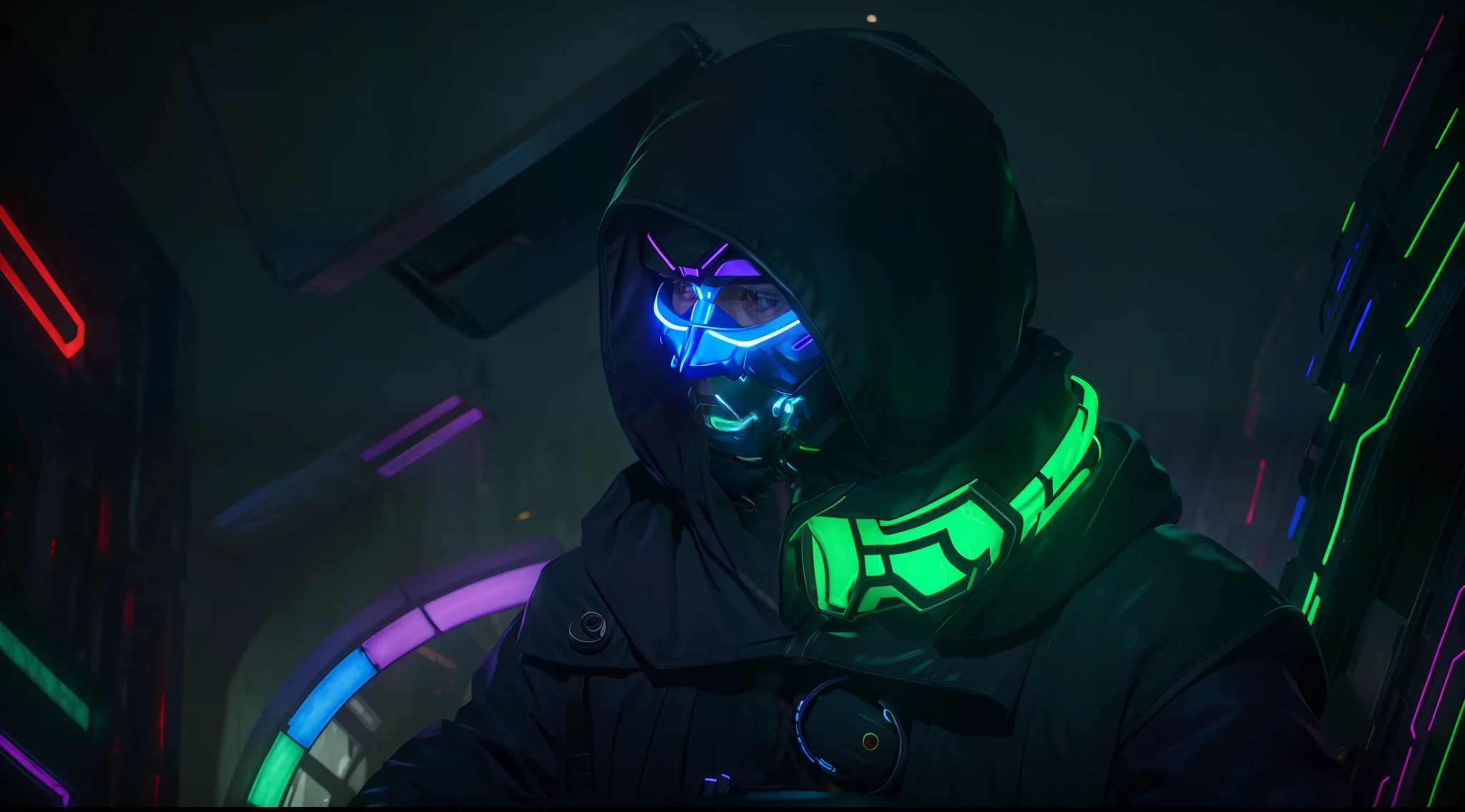 (amazing scene) hooded boy wearing cybernetic led mask with medium hair with white sash in hair looking up and the camera positioned below the shoulder line and the boy with the gloved hand on the chin and background of a cyber punk cyber city