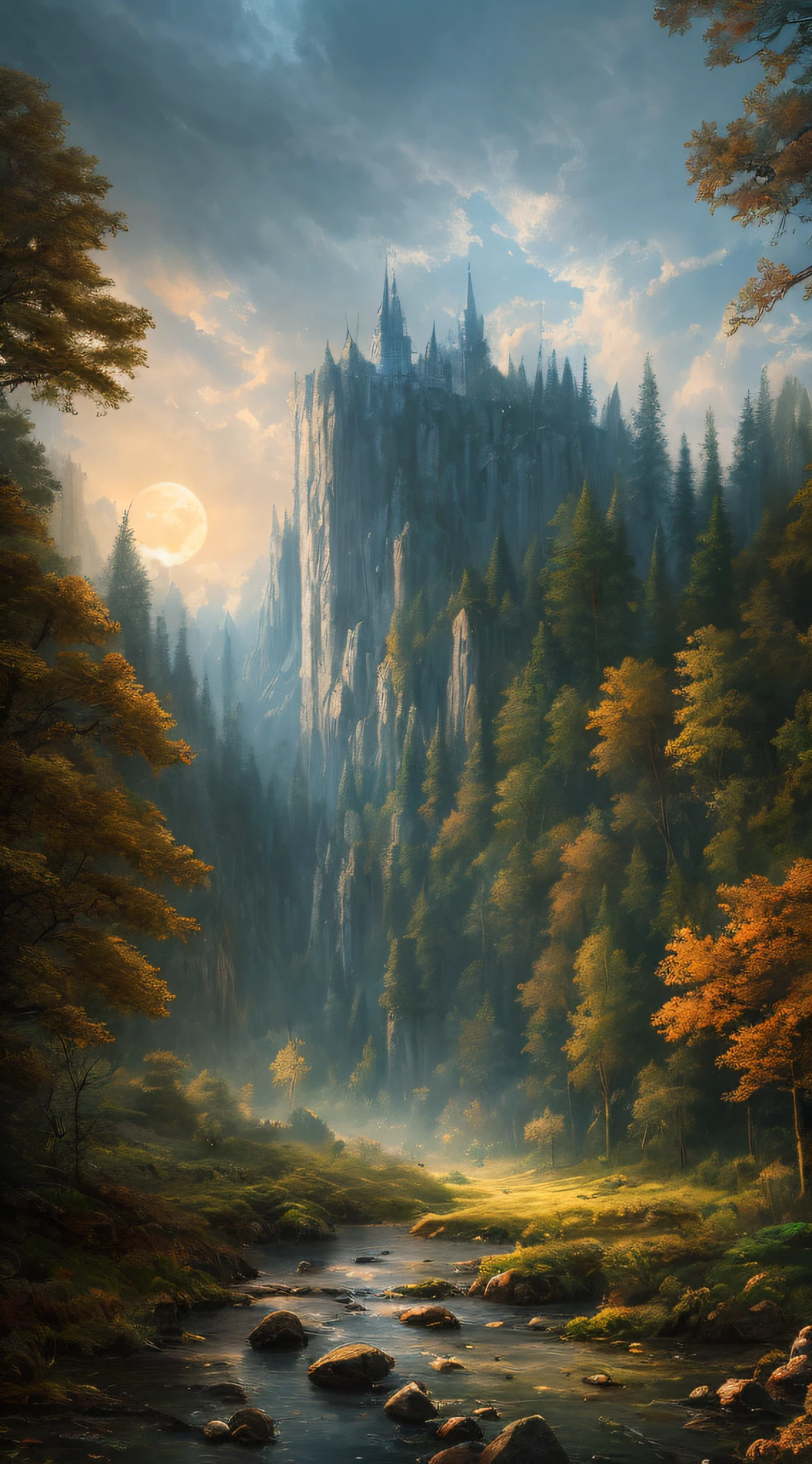 Masterpiece, best quality, high quality, extremely detailed CG 8k wallpaper unit, charming dream scene of dream forest, imposing trees, hidden fairy gorge, creating a mysterious and charming feel, artstation, digital illustration, complex, trend, pastel colors, oil painting, award-winning photography, bokeh, depth of field, HDR, bloom, chromatic aberration, realism, very detailed,  artstation trend, CGsociety trend, complex, high detail, dramatic, dark art, clouds, moonlight,