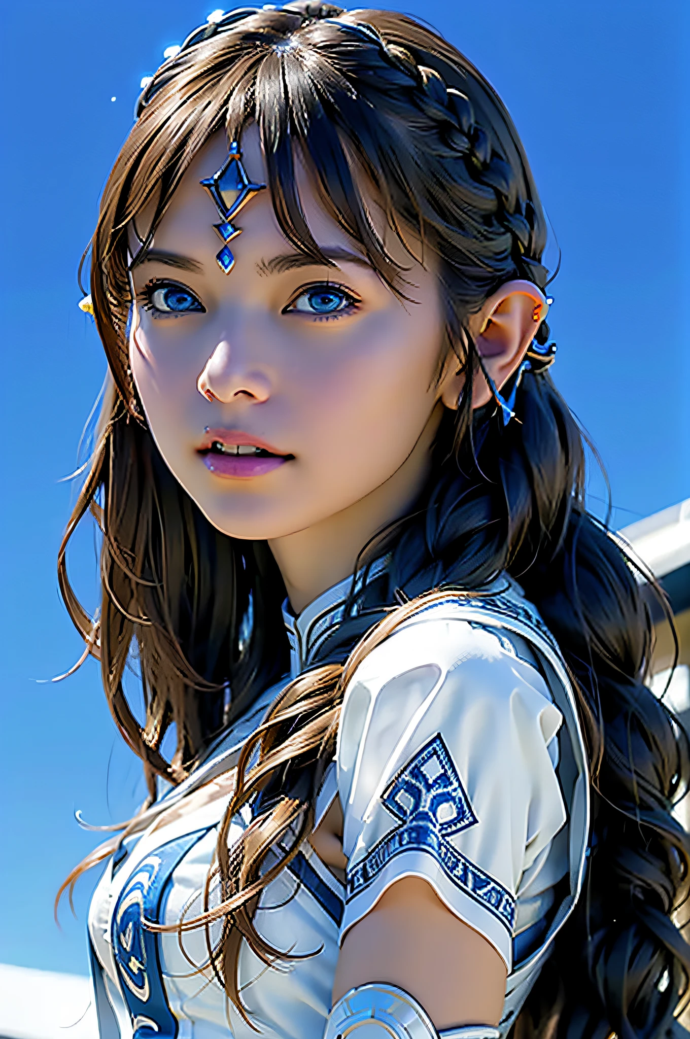 Super detailed complex 3D rendering of face, (: 8.8), (masterpiece, top quality, octane rendering, 8K), glamour shot full body image, very beautiful young elf, cleavage, (ailed skin: 1.2), (exposure: 1.1), beautiful Caucasian woman with white hair, big buttocks full soft and white skin, onemicro bikini, long braided brown hair, big breasts, Dynamic angle, mysticon,wearing intricate super armor of gold and blue, ultra-realistic photo ((((portrait))), wearing intricate white cape, bare feet, futuristic city background, facial muscles, detailed and beautiful princess crown, in the style of Marvel Comics, ArtStation trends, clear focus, studio photography, intricate details, highly detailed, detailed blue eyes, illustration, highly detailed, sharp focus, digital rendering, professional, abs