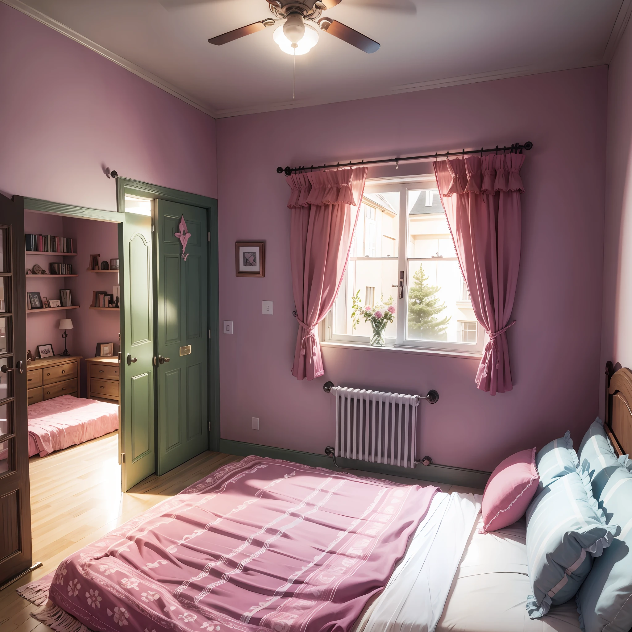 Pink bed inside the house Stockings on bed Window door