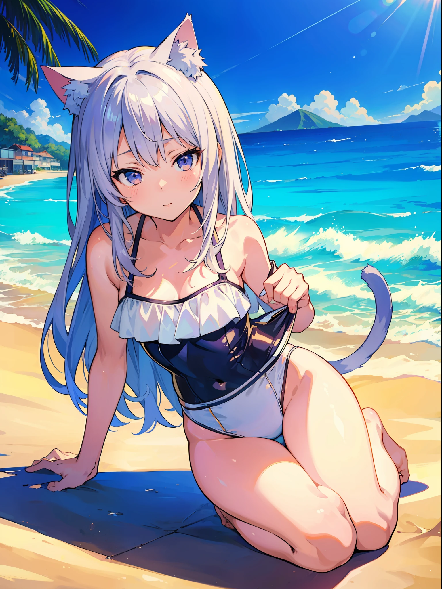 (Masterpiece), (Best Definition Anime Illustration), (Super Definition), One Girl, Solo, Beautiful Girl with Silver Hair, Anime Loli, Cat Ear Loli, Sexy Swimsuit, Sexy Pose, Beach