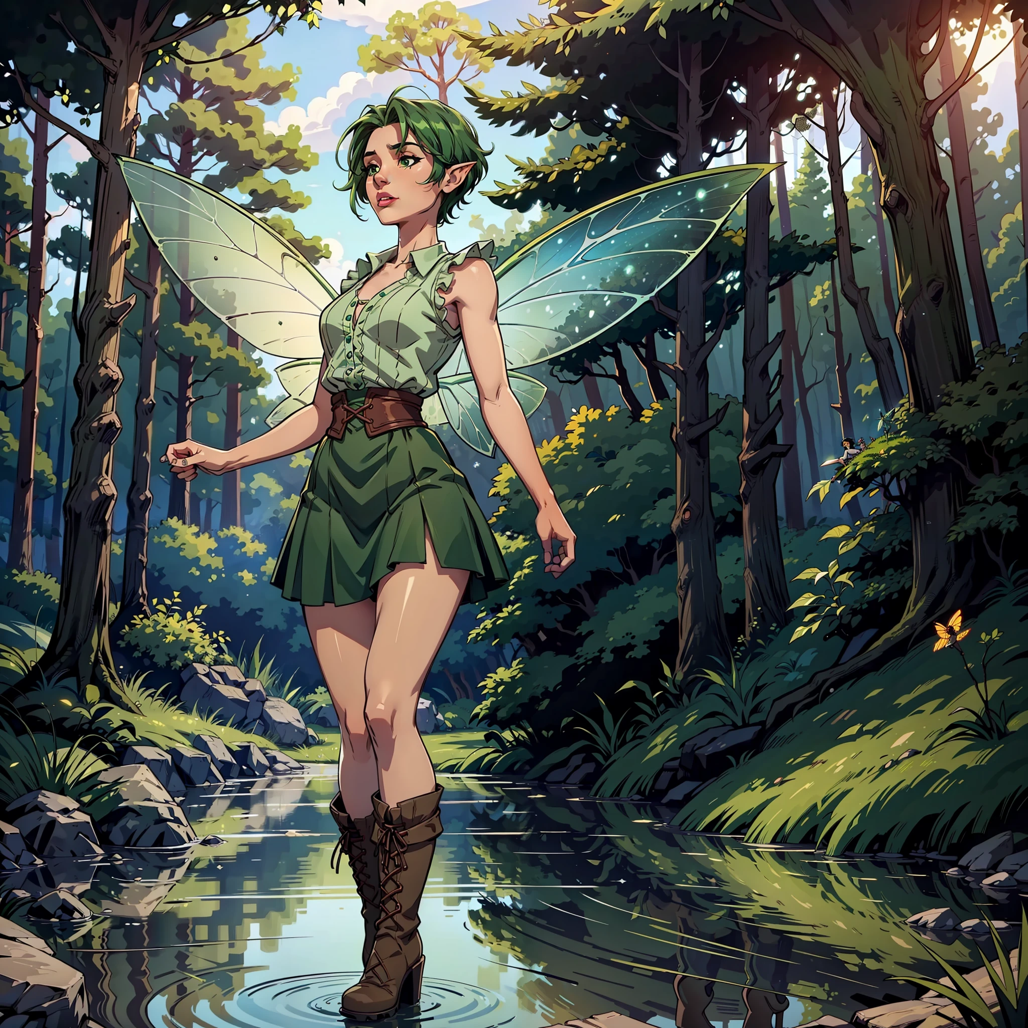(high definition) ((4k))small female(10 cm), tree skin, fairy wings, green wings, small, short hair, dark green hair, dressed, peasant clothes, sleeveless shirt, forest, full body, boots, fairy in a jar