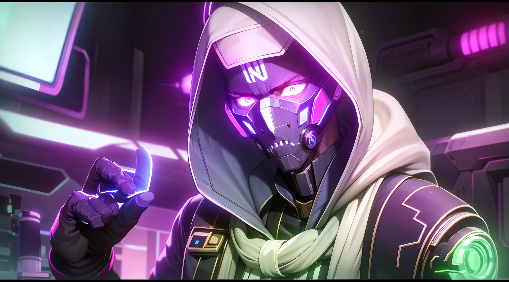 (amazing scene) hooded boy wearing cybernetic led mask with medium hair with white sash in hair looking up and the camera positioned below the shoulder line and the boy with the gloved hand on the chin and background of a cyber punk cyber city