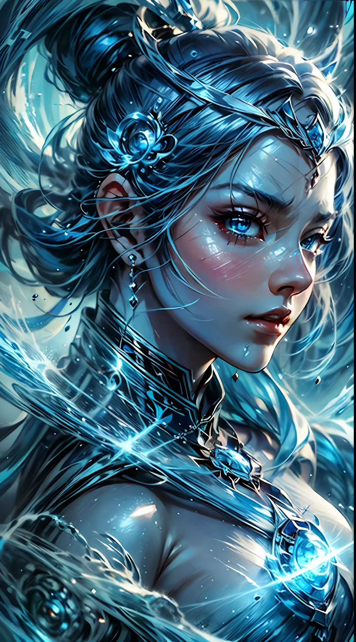 a close up of a woman in a silver and blue dress, chengwei pan on artstation, by Yang J, detailed fantasy art, stunning character art, fanart best artstation, epic exquisite character art, beautiful armor, extremely detailed artgerm, detailed digital anime art, artgerm on artstation pixiv, armor girl