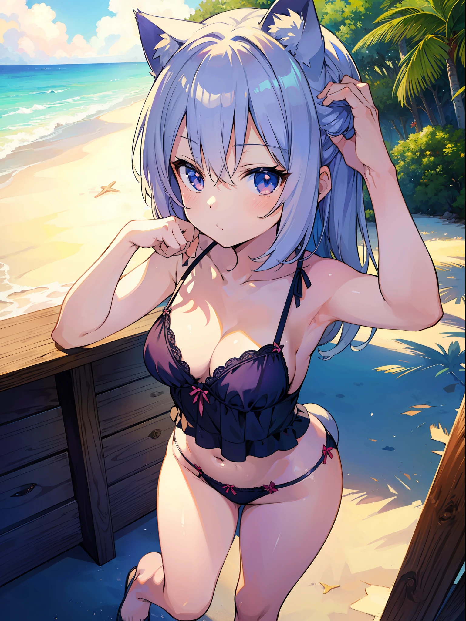 (Masterpiece), (Best Definition Anime Illustration), (Super Definition), One Girl, Solo, Silver-haired Beautiful Girl, Anime , Cat Ear Lolixy Lingerie, Sexy Pose, Beach