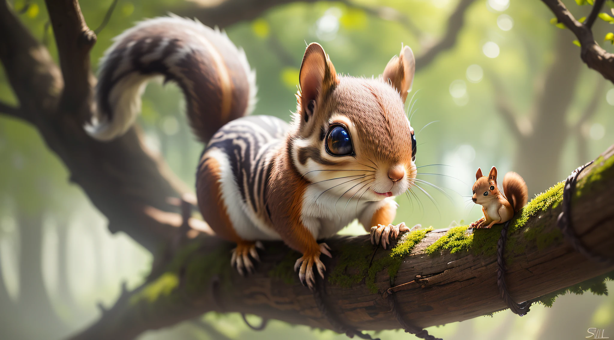 Masterpiece, best quality, cinematic lighting, beautiful concept art, surrealism, epic scene, 8K, a small creature scurrying across a tree branch. It's a squirrel like no other—its fur is silvery and its eyes gleam with wisdom. The squirrel stops and looks directly at viewer, introducing itself as Squeaky, the talking squirrel.