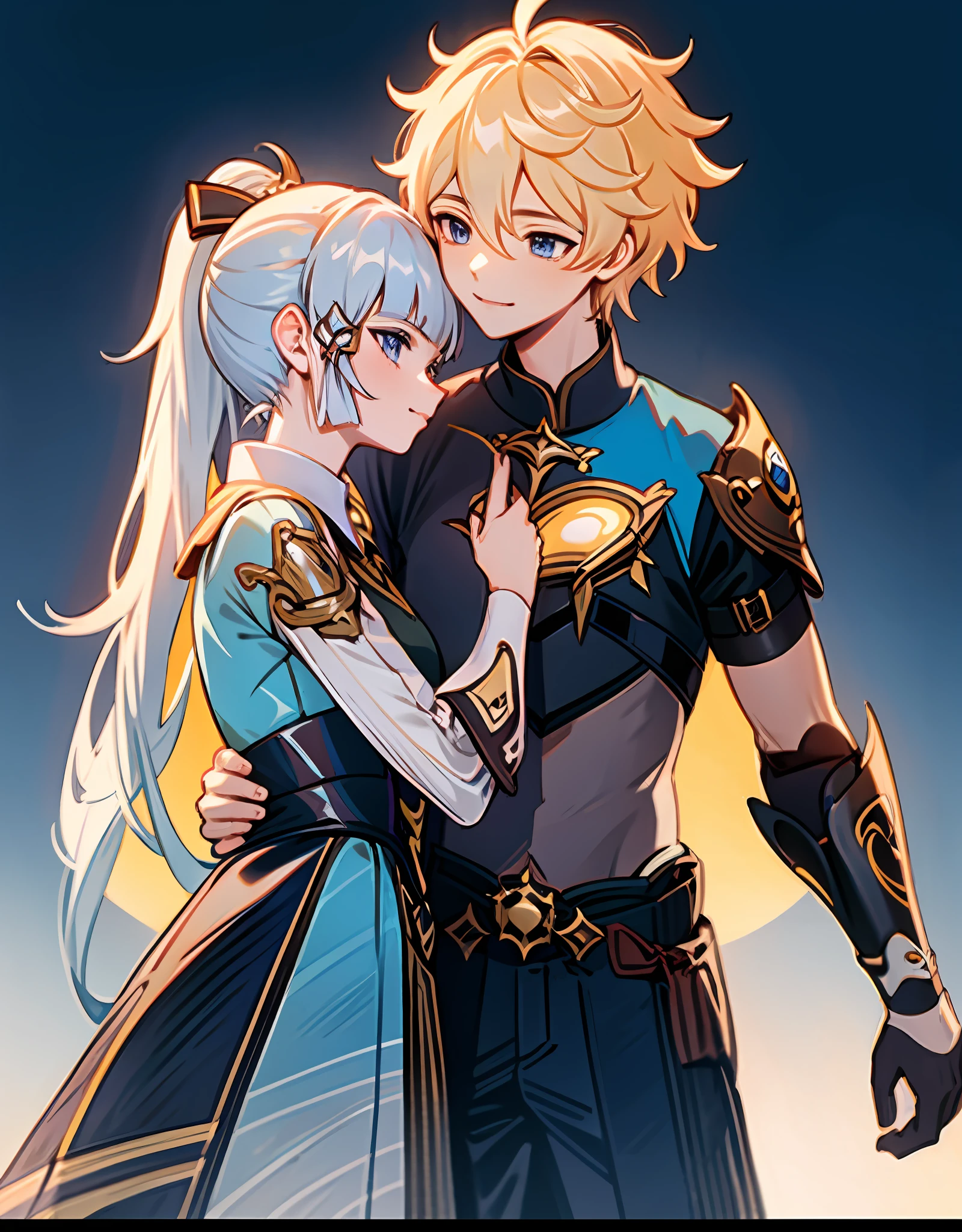 anime couple, aether and ayaka kissing, soft kiss, 1boy 1girl, cute, loving, peck, detailed faces, detailed hair, masterpiece, best quality, aether yellow hair\(genshin impact\), kamisato_ayaka, arm guards, armored dress, breastplate, ayaka hair ornament,cowboy shot,ponytail, blunt bangs,blue eyes, smile, closed mouth, eyebrows visible through hair, long hair, silver hair, medium bust