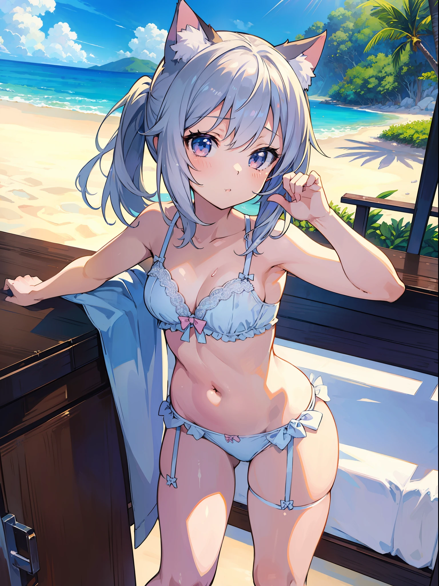 (Masterpiece), (Best Definition Anime Illustration), (Super Definition), One Girl, Solo, Silver-haired Beautiful Girl, Anime Loli, Cat Ear Loli, Sexy Lingerie, Sexy Pose, Beach